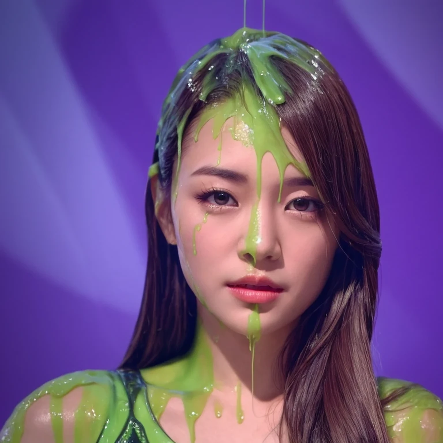 (raw photo:1.2), (photorealistic:1.4), beautiful Asian woman, super detailed, high resolution, best quality, natural skin, beautiful face, delicate eyes, she is covered in dripping slime, extreme realism, portrait photograph, sharp focus, inside game show studio, dripping green goo