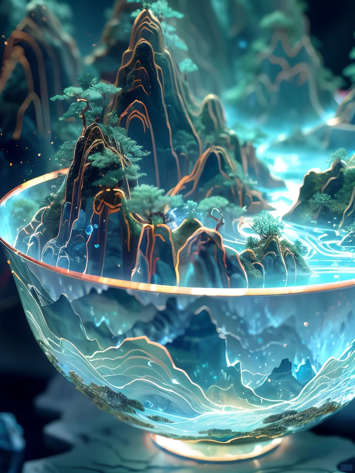 There was a glass bowl，Mountain view inside, 4k highly detailed digital art, mind-bending digital art, highly detailed surreal vfx, Beautiful composition 3-d 4k, 4k detailed digital art, Otherworldly visuals, 3D Digital Art 4K, Detailed digital 3D art, Detailed fantasy digital art, Japaneseism 3D 8K Ultra Detailed