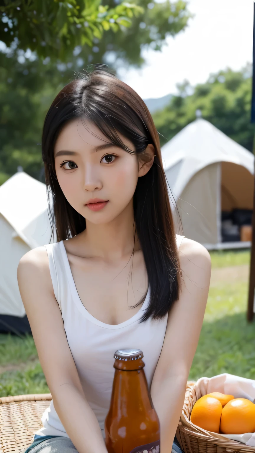 Asian girl, Big eyes, His face is cute, he holds a bottle of craft beer with an orange label.. Come shop, located on the grass in front of Khao Kho Craft Glamping..