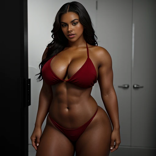 A woman holding red towel that covers her breasts, posing for a sensual photo, Focus on the front part, becomes a curvy physique, Beyonce in shape toned, thick, thick thieves, Beyonce in shape, fit woman, fitness model , muscular Thighs, Physical fitness, Thighs! toned body, giant breasts, ebony skin tone, long wavy hair, giantess woman, slim body, Cinematic: black and white image