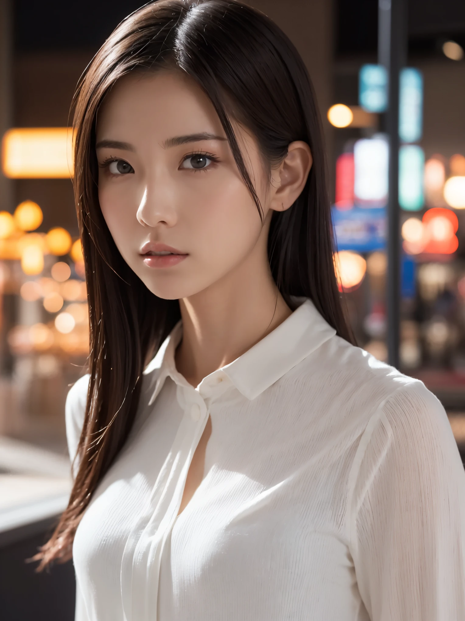 1 girl, (wearing a white blouse:1.2), (Raw photo, highest quality), (realistic, Photoreal:1.4), table top, very delicate and beautiful, very detailed, 2k wallpaper, wonderful, finely, very detailed CG Unity 8K 壁紙, Super detailed, High resolution, soft light, beautiful detailed girl, very detailed目と顔, beautifully detailed nose, detailed and beautiful eyes, cinematic lighting, night city lights, perfect anatomy, slender body, sensual look、big breasts