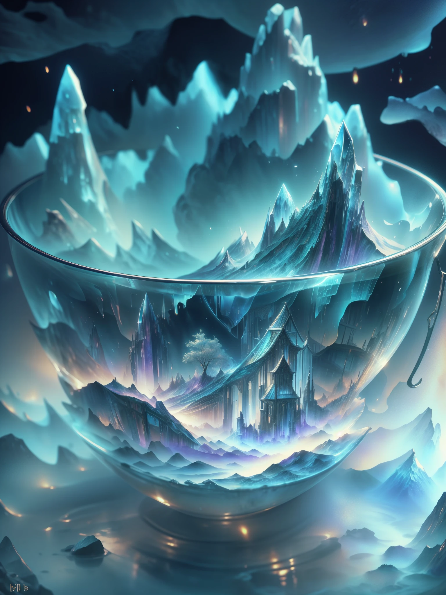 There is a bowl,Mountain view inside, 4k highly detailed digital art, Imagination boiling in the bowl, Highly detailed watercolor 8k, 4k detailed digital art, Highly detailed watercolor 8k, Lovely and detailed digital art, Complex 3D illustration, mind-bending digital art, Detailed fantasy digital art, full of glass. CG society