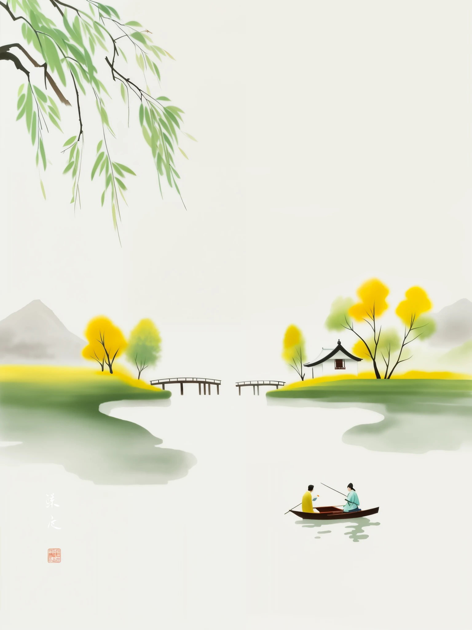 there is a painting，The painting is of a boat with trees on the river, Chinese style, Chinese painting style, landscape artwork, peaceful scene, peaceful scene, peaceful scenery, Japanese-style, Chinese watercolor style, Serenity illustration, in a peaceful scenery, traditional Chinese painting, peaceful scenery, inspired by Dong Qichang, Chinese painting, Chinese landscape, Chinese ink painting
