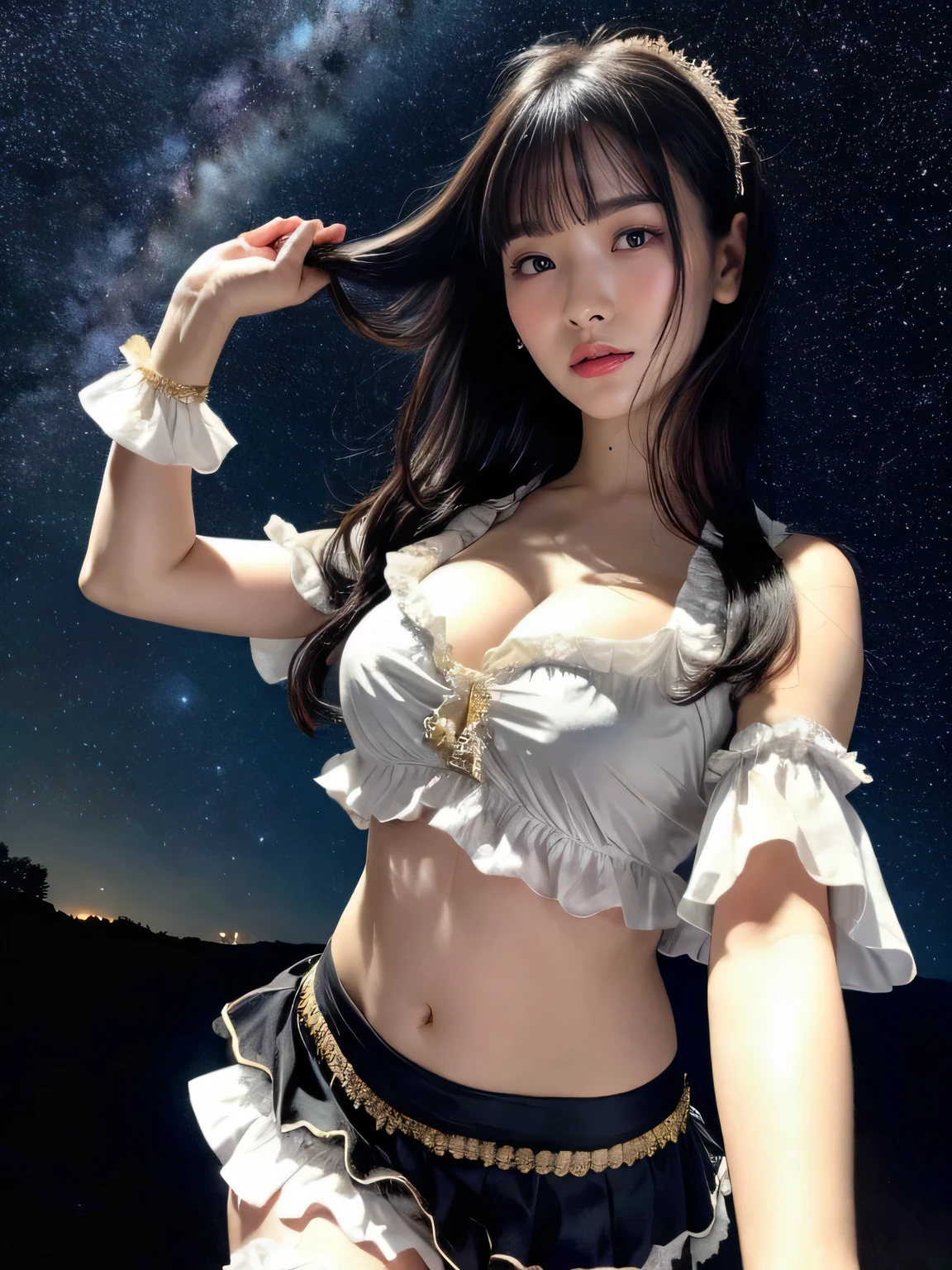 full body portrait, 8K quality, masterpiece, live action, real human touch, realistic skin texture, natural skin, under the starry sky、Busty Japanese woman belly dancing in a frilly blouse and slit miniskirt , sweaty clothes, length, smooth black hair, bangs, curly hair, cinematic lighting.