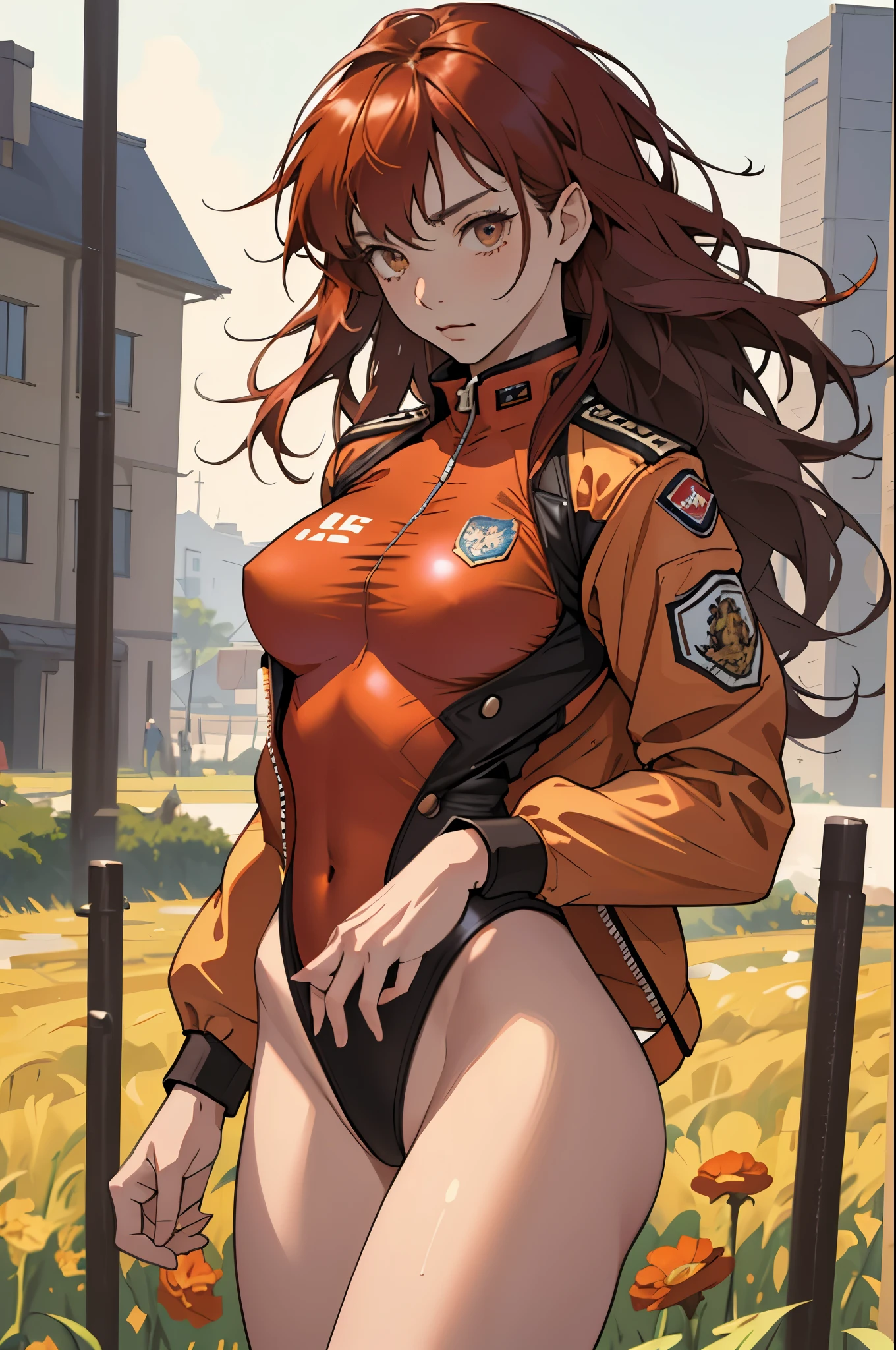 masterpiece, highest quality, High resolution, 1 girl, ticker, long hair, big breasts, race_Queen,red leotard, Jacket, embarrassing,closed mouth, field