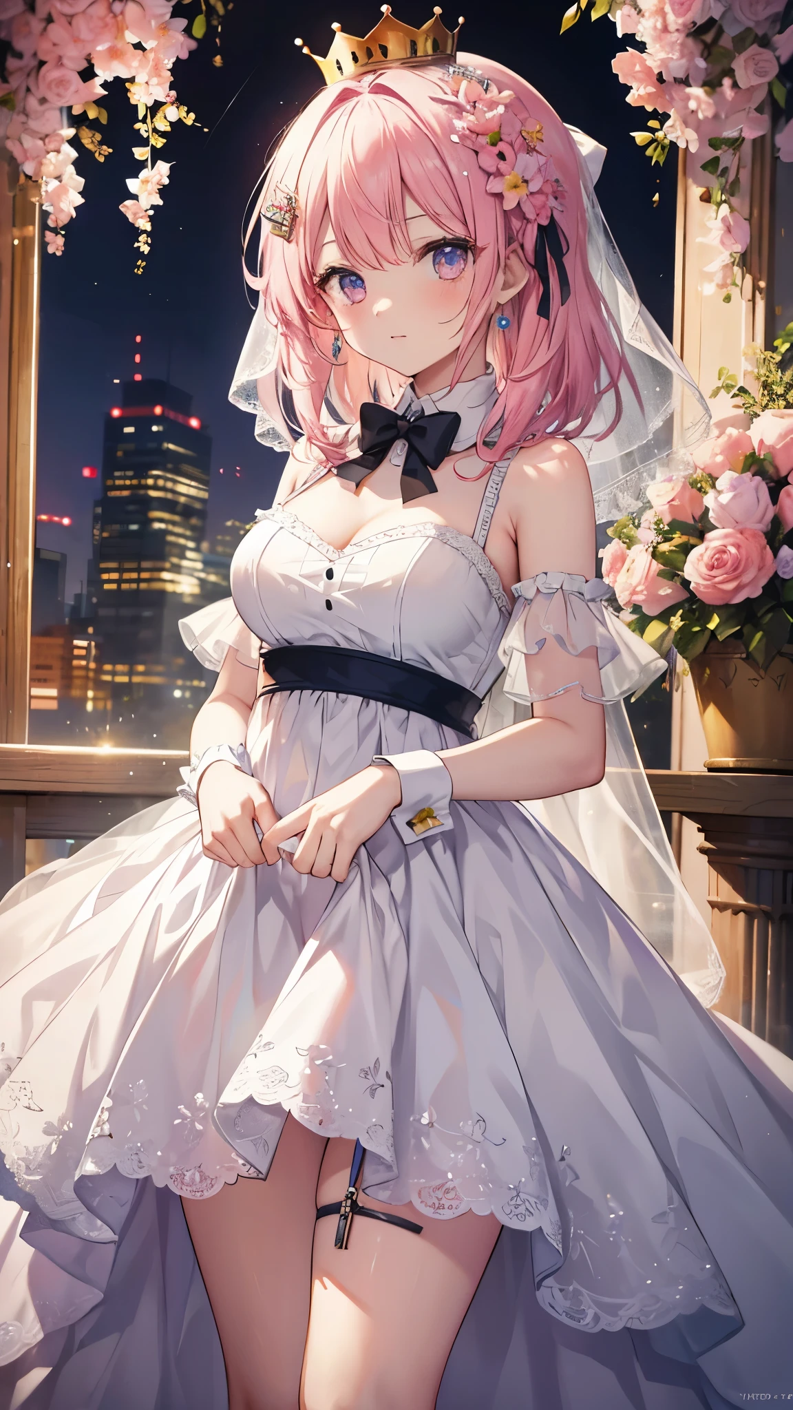masterpiece, highest quality, High resolution, hmsl1, medium hair, ×hair ornament, (crown:1.1), pink flowers, white dress, bridal garter, bare shoulders, wrist cuffs, ruffle dress, bow tie, big breasts, stage, cowboy shot, Are standing,