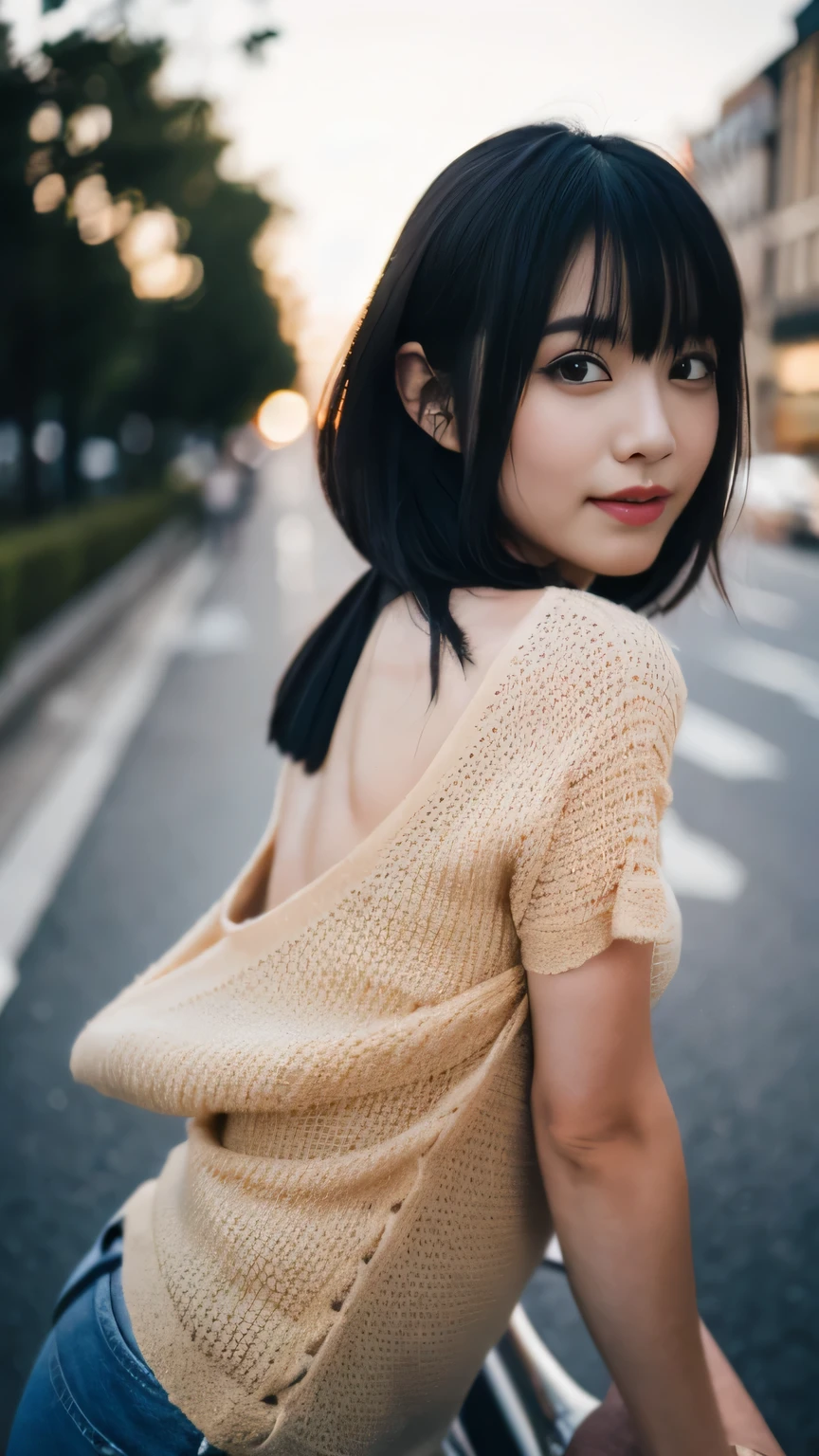 (32k, Raw photo, highest quality, masterpiece:1.2), (realistic, photo-realistic:1.4), (Highly detailed 8K wallpaper),sharp focus, Depth of the bounds written,blur background, Bokeh,professional lighting, cinematic lighting,full body,thin,japanese girl,20 year old girl,arched back,road,bob cut,wet hair,black hair,T-shirt,Happy like a goddess in shorts