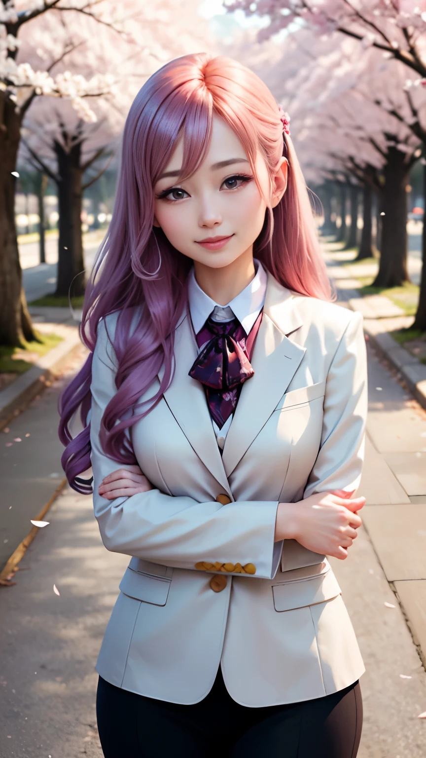 woman, formal suits in soft colors, soft colored hair、cherry blossoms吹雪、forest、cherry blossoms、smile、realistic