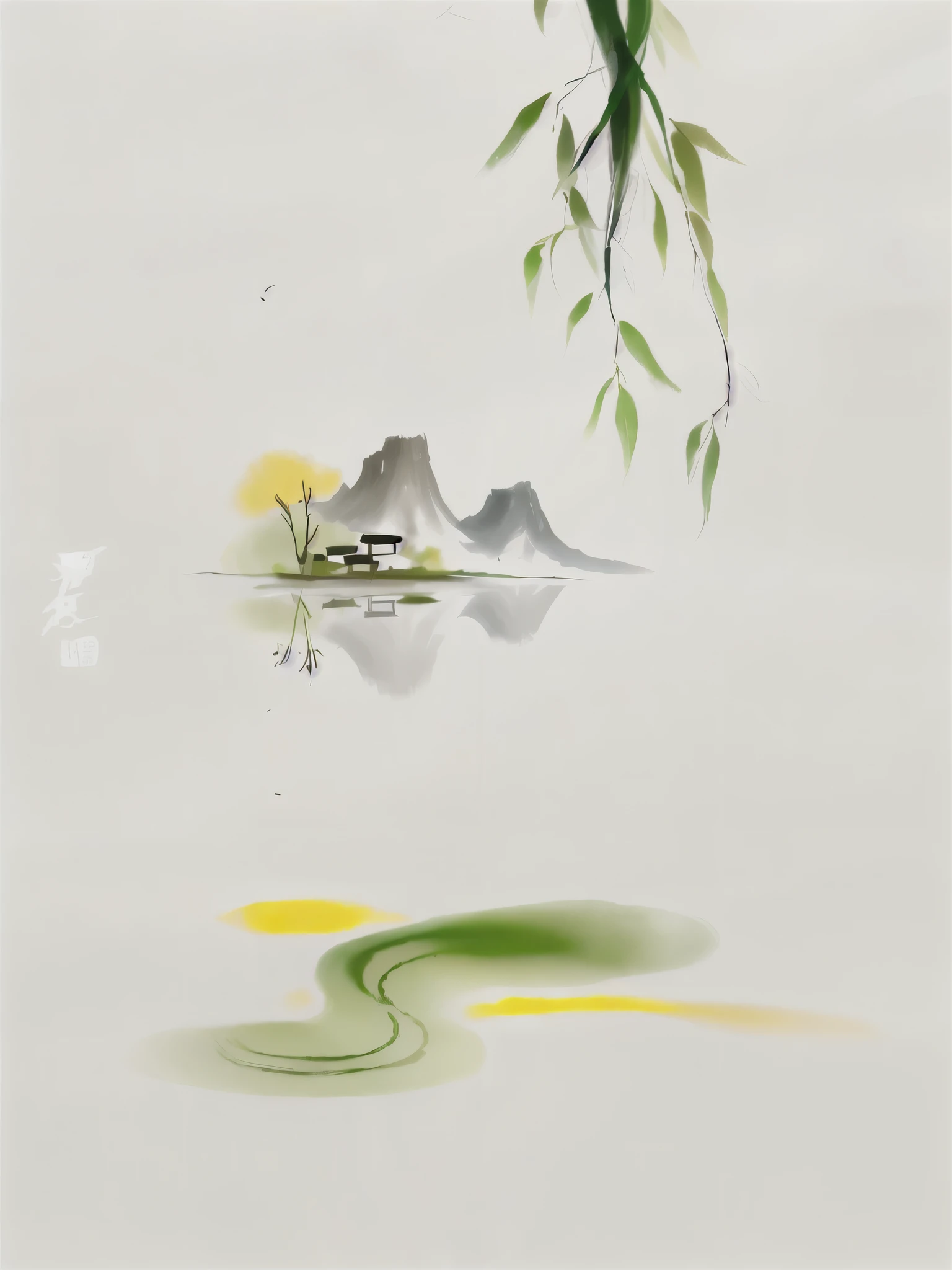 there is a painting,The painting is of a bird flying over the water, Chinese painting style, peaceful scene, Chinese style, Japanese-style, in a peaceful scenery, Chinese watercolor style, ink painting ) ) ) ), peaceful scenery, peaceful scenery, traditional Chinese painting, Inspired by Xie Shichen, peaceful scene, Inspired by Gage, chinese ink painting, Chinese painting