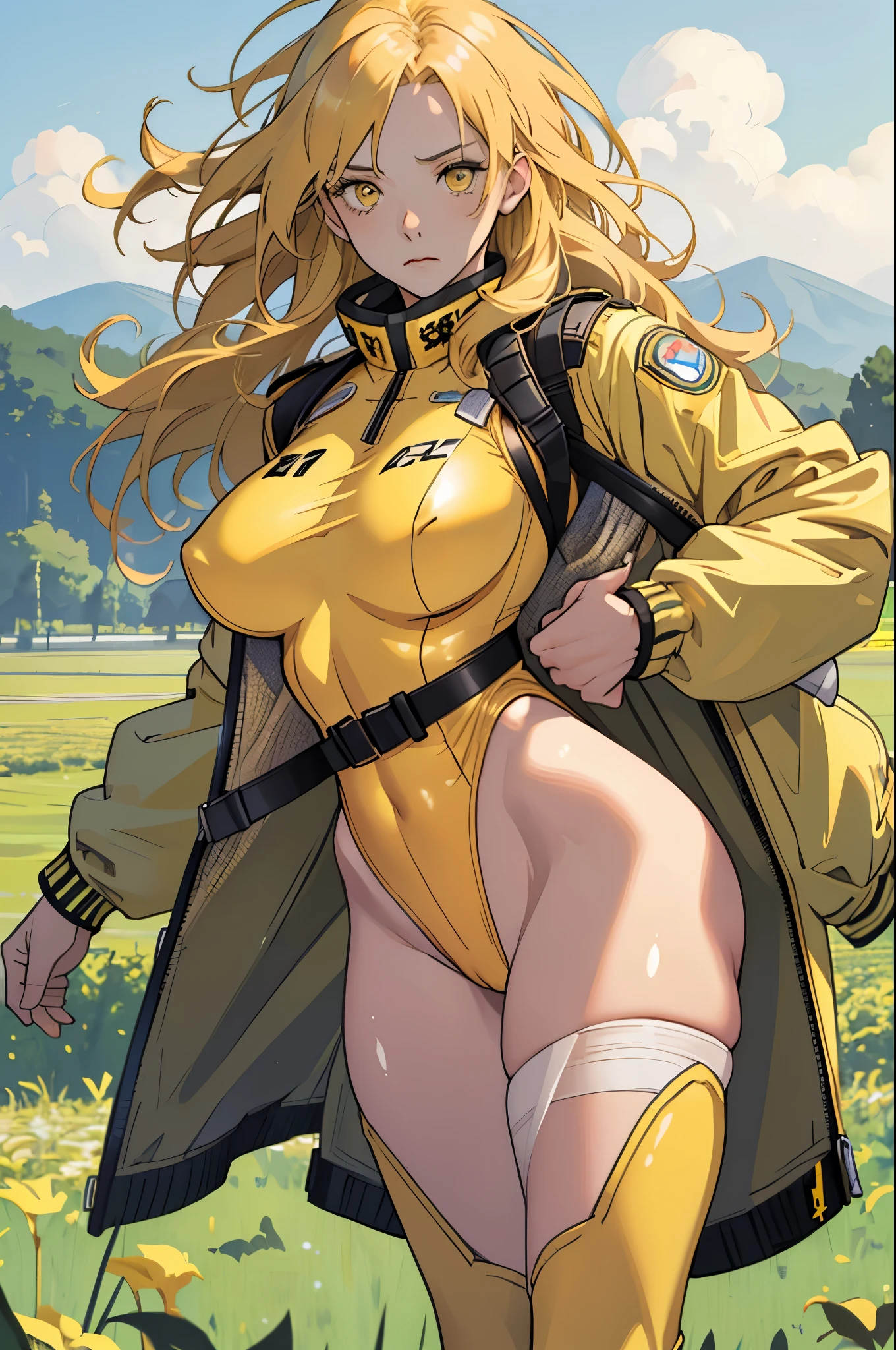 masterpiece, highest quality, High resolution, 1 girl, ticker, long hair, big breasts, race_Queen,Yellow leotard, Jacket, embarrassing,closed mouth, field