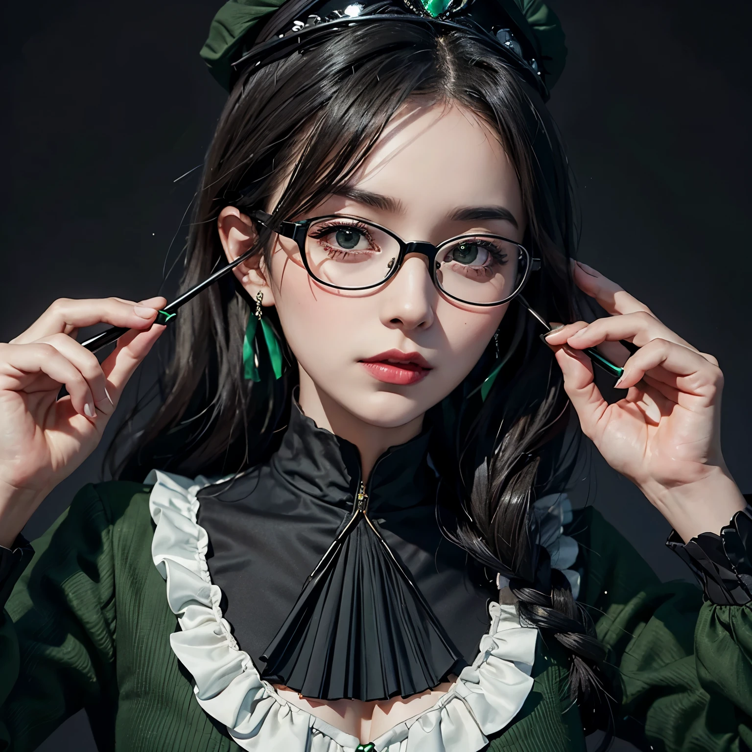 Queen, wears black-rimmed glasses, has a serious personality, wears a green dress
