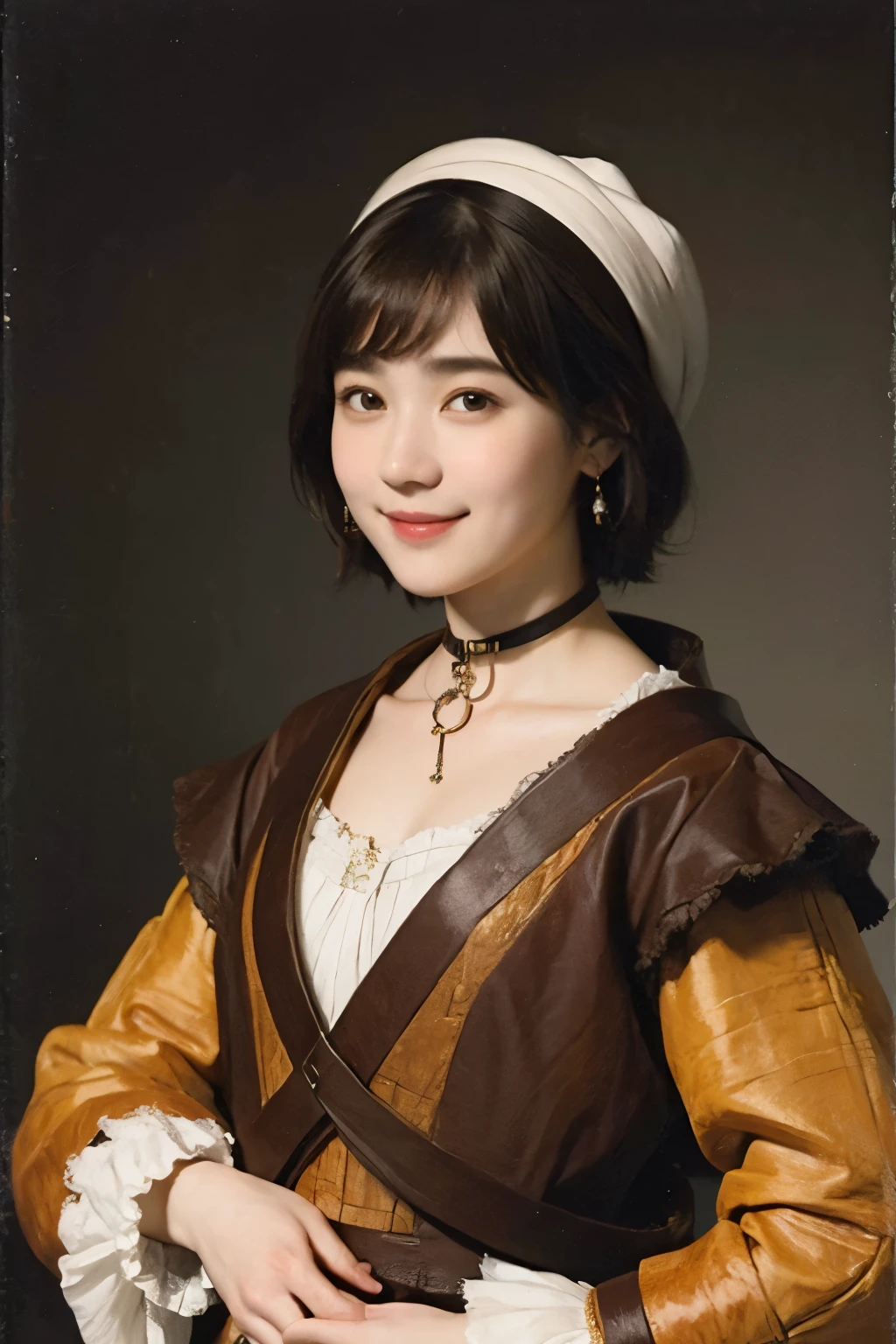 181 short hair, 20 year old female, gentle smile, (rembrandt style painting), (chest:1.2), long sleeve clothes
