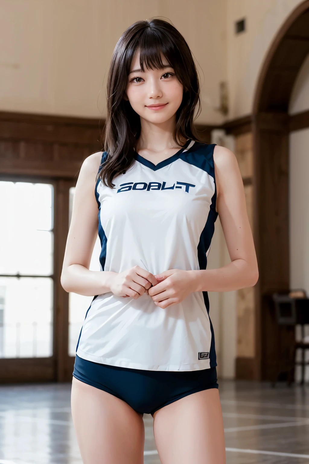 feminine、1 Lady Solo, /(volleyball uniform/), /(dark brown hair/) , A light smile with blushing cheeks, (A masterpiece of the highest quality:1.2) Super detailed and delicate illustrations, BREAK /(Indoor volleyball court/)、short hair