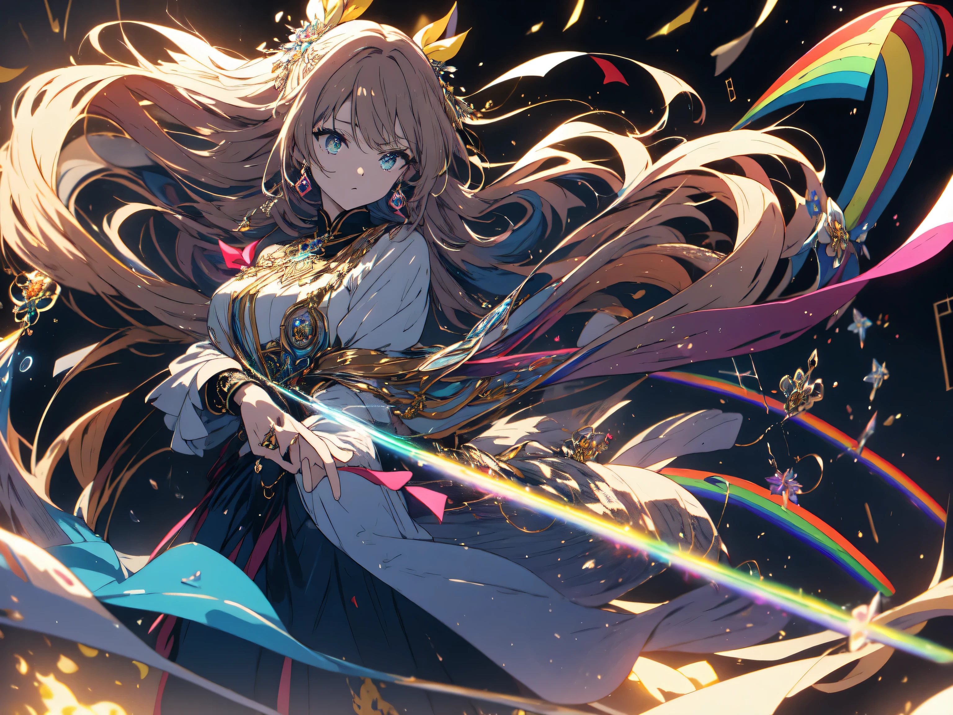 (highest quality、masterpiece、High resolution、become familiar with)、(shining eyes、become familiar with美しい顔)、(1 girl), long hair, bright hair color, enchanting eyes, mysterious expression, Adult-like atmosphere, attractive dress, flowing dress, elegant jewelry, intricate decoration, magic symbol, glowing accessories, Part one, scroll, cute accent, (playing the flute), ribbon, flowers,beautiful anime、Artistic、(shape)、(Iridescent notes、stave)