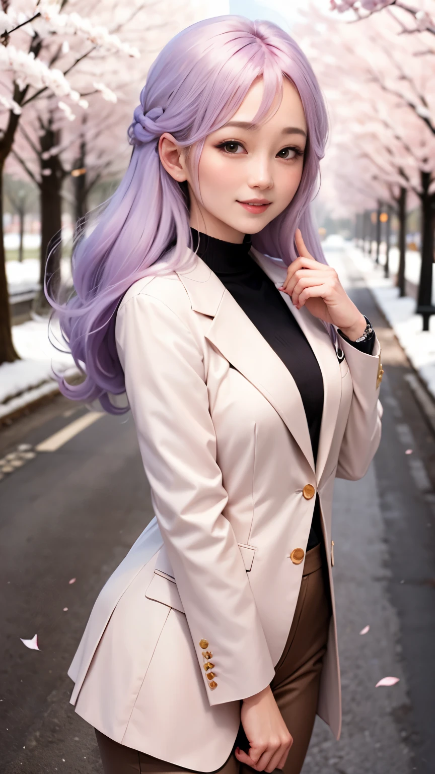 woman, formal suits in soft colors, soft colored hair、cherry blossoms吹雪、forest、cherry blossoms、smile、realistic