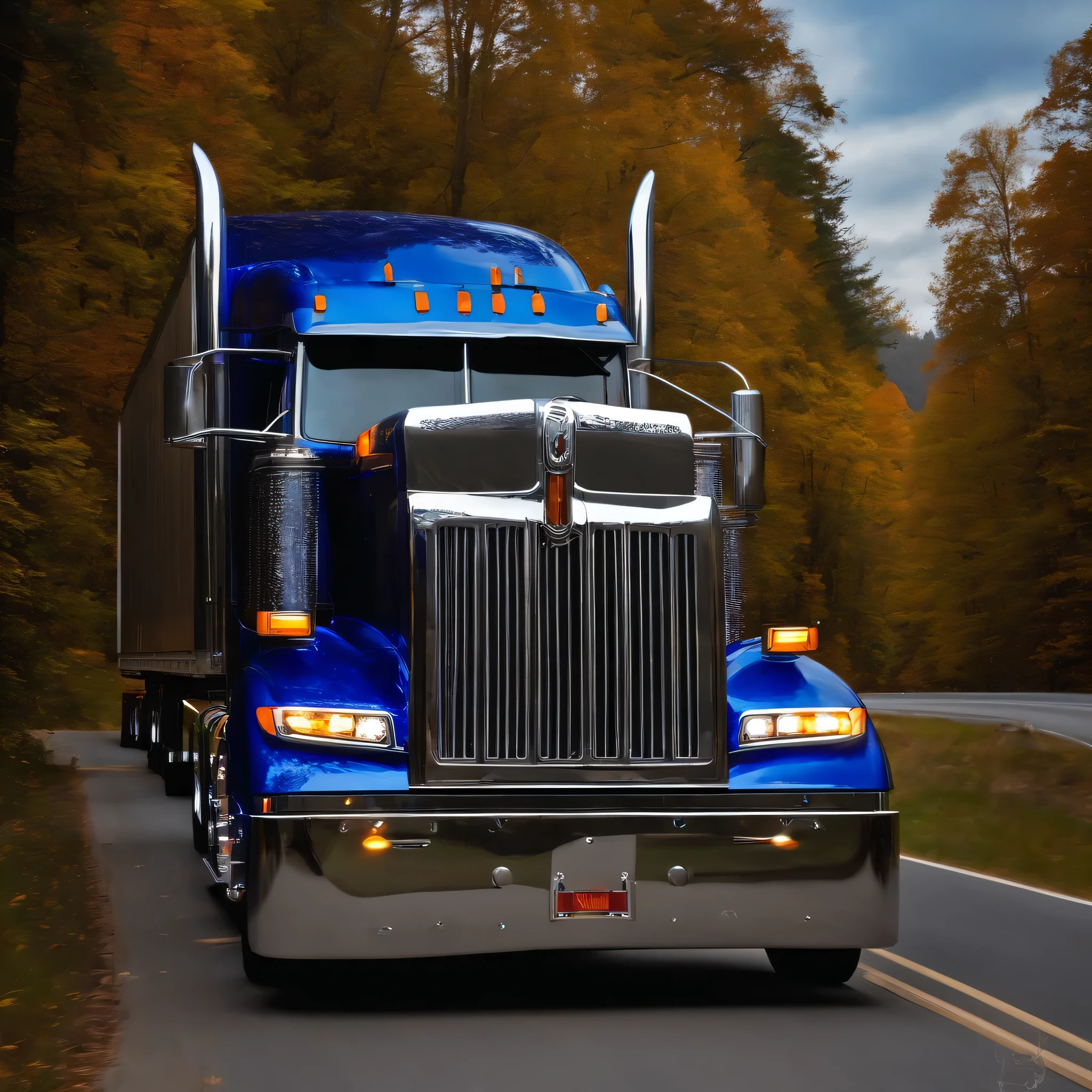 18 wheeler semi truck with a matching trailer deep blue metalflake colors with white accents, highly polished chrome everywhere,neon lighting underneath it, driving down a back country where it encountered a covered bridge 