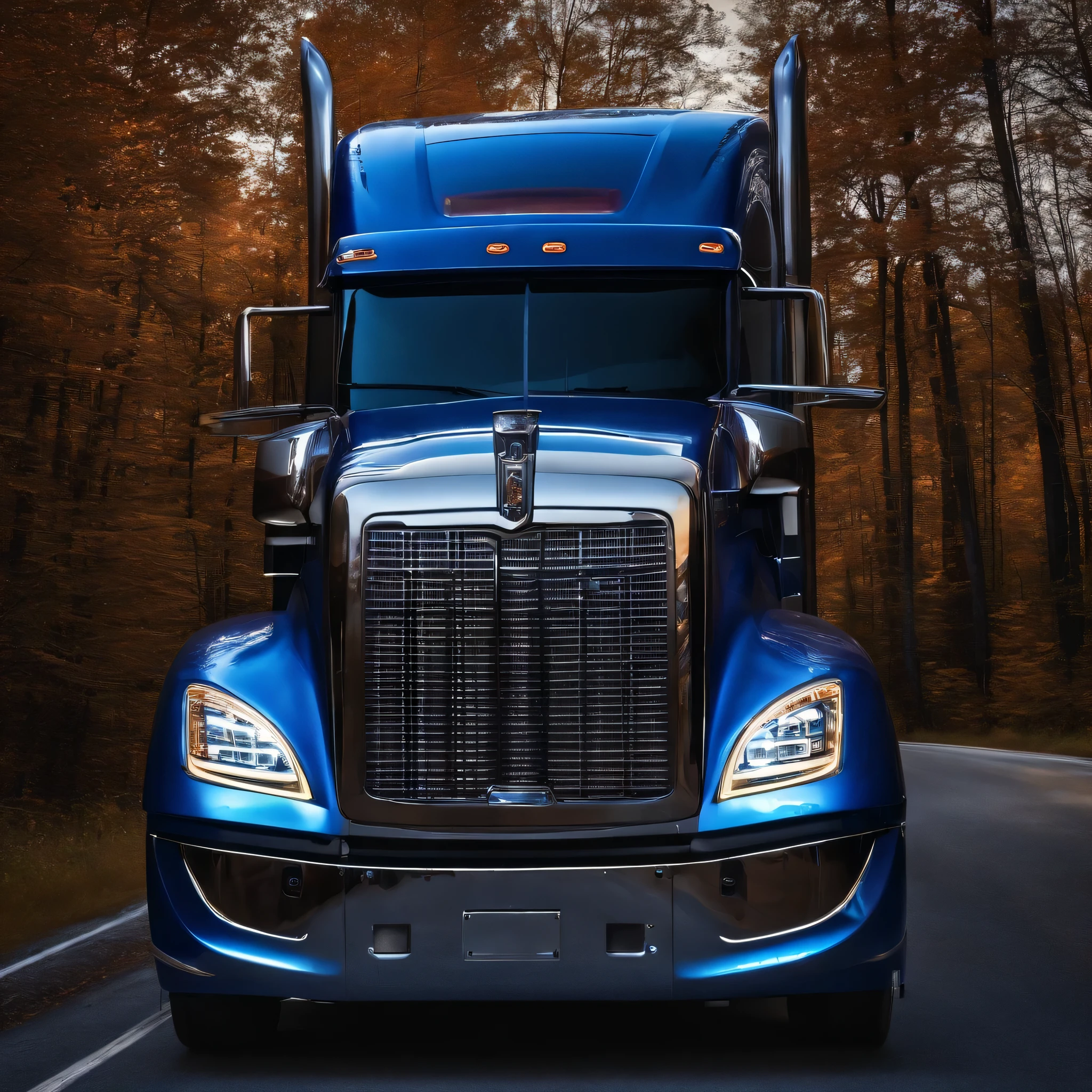 18 wheeler semi truck with a matching trailer deep blue metalflake colors with white accents, highly polished chrome everywhere,neon lighting underneath it, driving down a back country where it encountered a covered bridge 