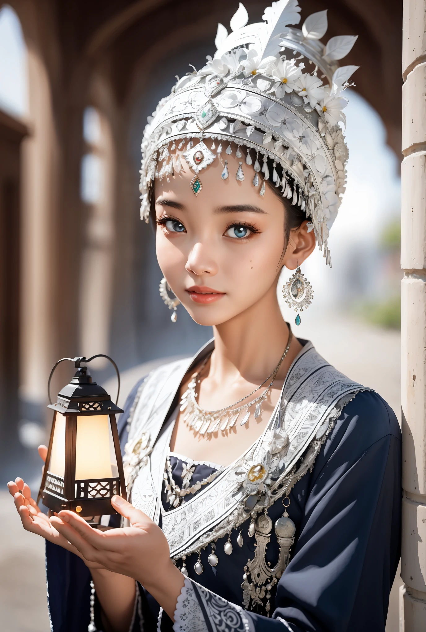 beautiful girl，exquisite facial features，Skin details，Bright Eyes，unique，minority，silver，Ornate headdress，portable lantern