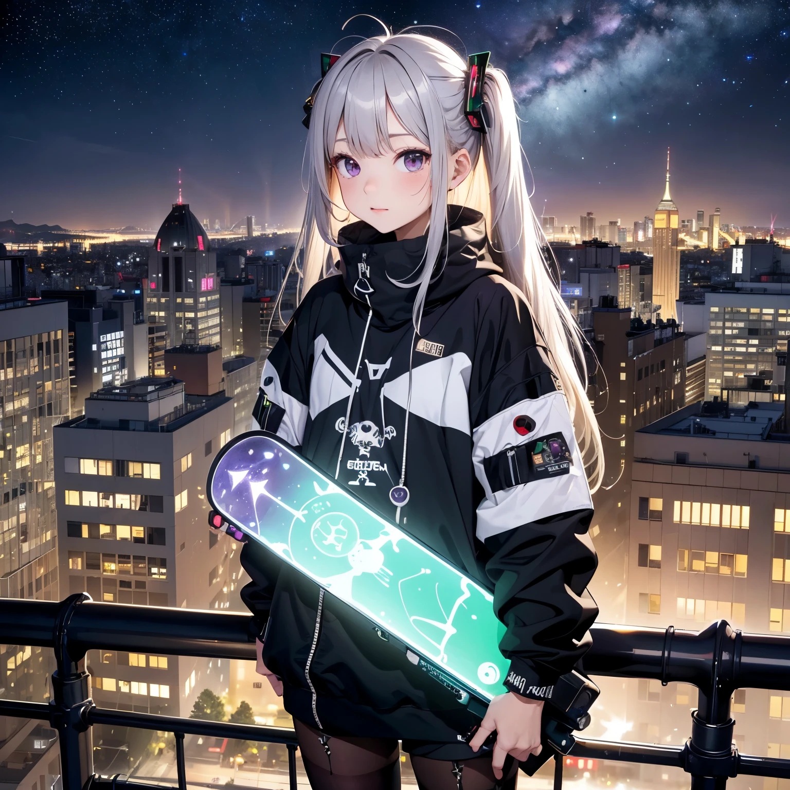 (8K), (best quality), (muste piece: 1.2)　　 girl, , skeleton, Silver, 白Money, Money, bronze, red, green, green, Colorless and transparent, skeleton, run on a skateboard, electronics, bright, information　Zodiac constellations and starry sky, Purple hue like a nebula, Vast space, (((Big city)))