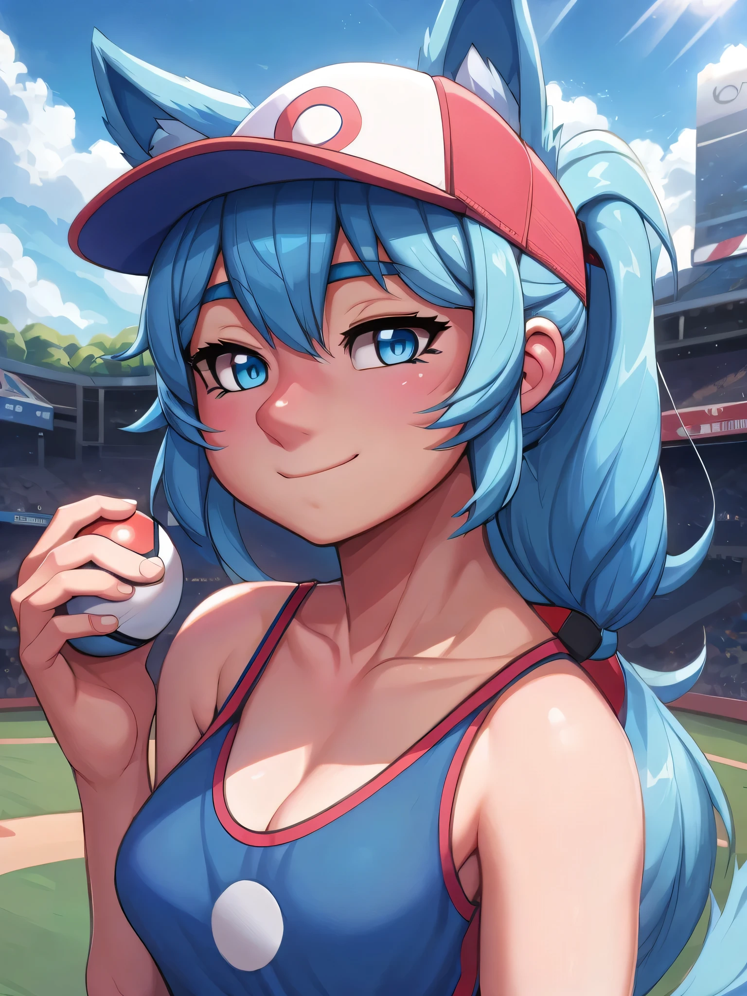 (Masterpiece) (High Detail) (High Res) A close up of A Short Humanoid Girl with pale human skin and blue eyes and long blue hair up in a ponytail and blue dog ears and a fluffy blue dog tail and average breasts. She is dressed as a Pokemon trainer and has a baseball cap on and is holding a pokeball.