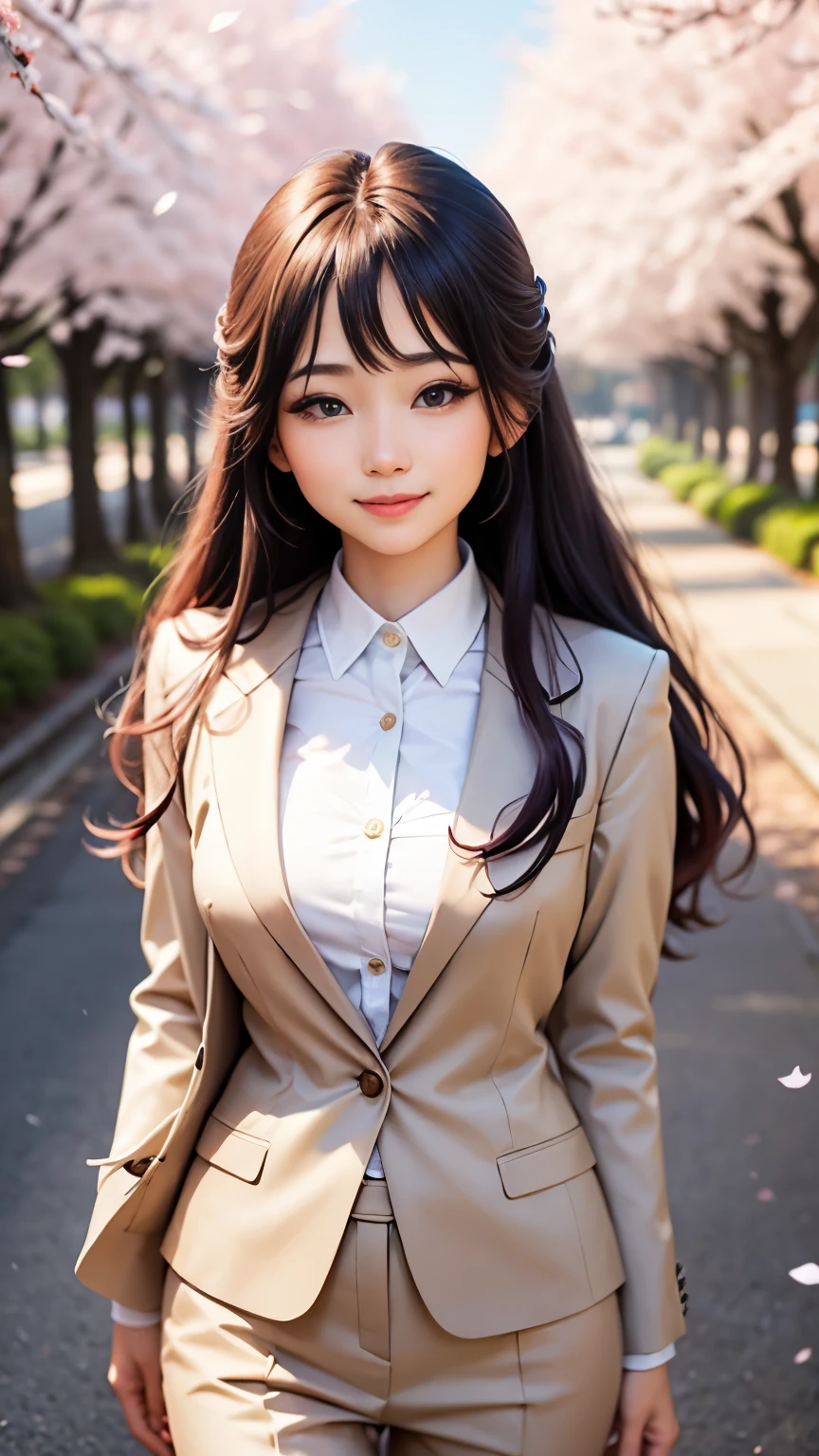 woman, formal suits in soft colors, soft colored hair、cherry blossoms吹雪、forest、cherry blossoms、smile、realistic