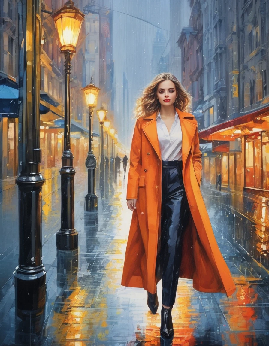 (best quality,highres,masterpiece:1.2),ultra-detailed,realistic,photorealistic:1.37,city rain,beautiful elegant woman walking in the city, detailed eyes,detailed lips, detailed face, long eyelashes, elegant appearance, confident and calm, wearing a stylish coat, walking gracefully, surrounded by modern buildings, wet streets reflecting the lights, vibrant cityscape, soft and cool color tone, gentle city lights, light raindrops falling from the sky, creating a serene and peaceful atmosphere