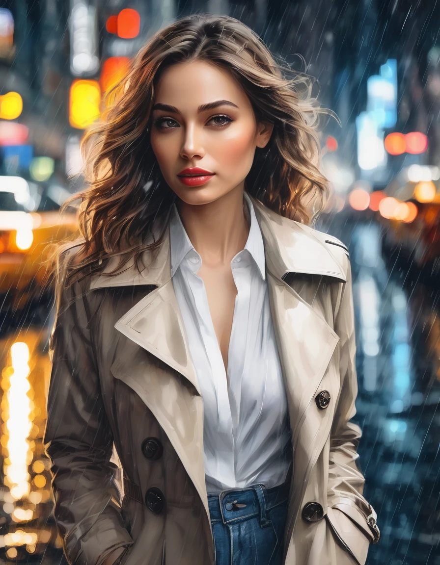 (best quality,highres,masterpiece:1.2),ultra-detailed,realistic,photorealistic:1.37,city rain,beautiful elegant woman walking in the city, detailed eyes,detailed lips, detailed face, long eyelashes, elegant appearance, confident and calm, wearing a stylish coat, walking gracefully, surrounded by modern buildings, wet streets reflecting the lights, vibrant cityscape, soft and cool color tone, gentle city lights, light raindrops falling from the sky, creating a serene and peaceful atmosphere