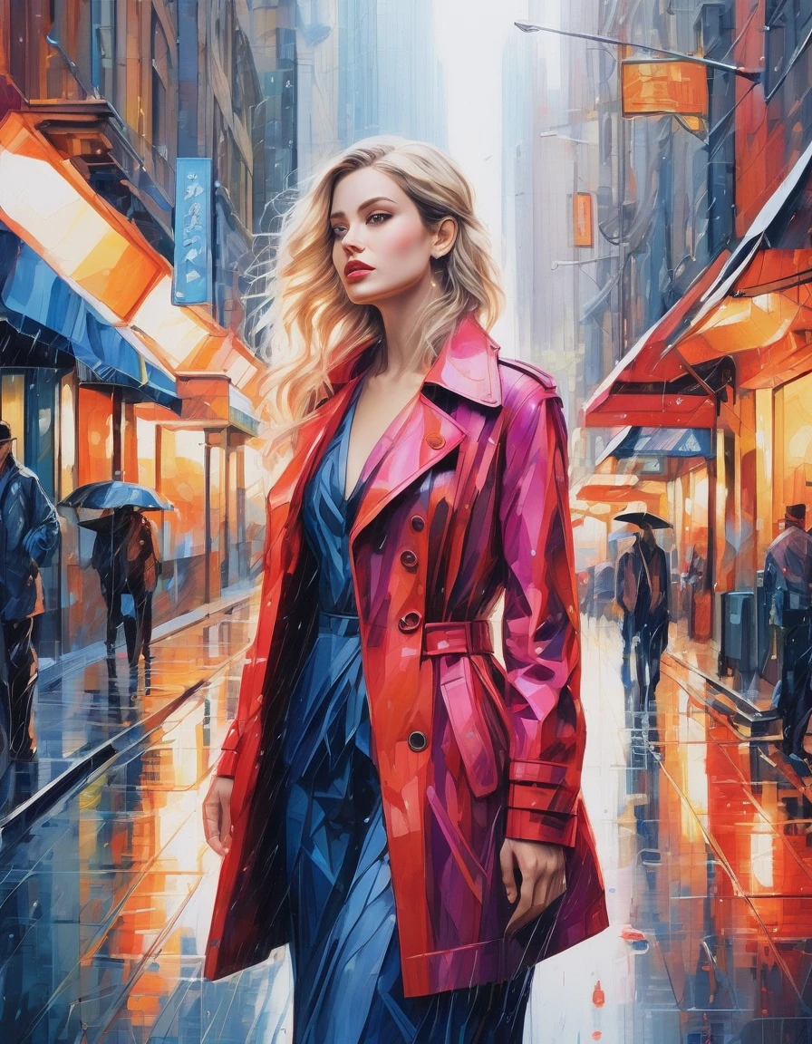 (best quality,highres,masterpiece:1.2),ultra-detailed,realistic,photorealistic:1.37,city rain,beautiful elegant woman walking in the city, detailed eyes,detailed lips, detailed face, long eyelashes, elegant appearance, confident and calm, wearing a stylish coat, walking gracefully, surrounded by modern buildings, wet streets reflecting the lights, vibrant cityscape, soft and cool color tone, gentle city lights, light raindrops falling from the sky, creating a serene and peaceful atmosphere