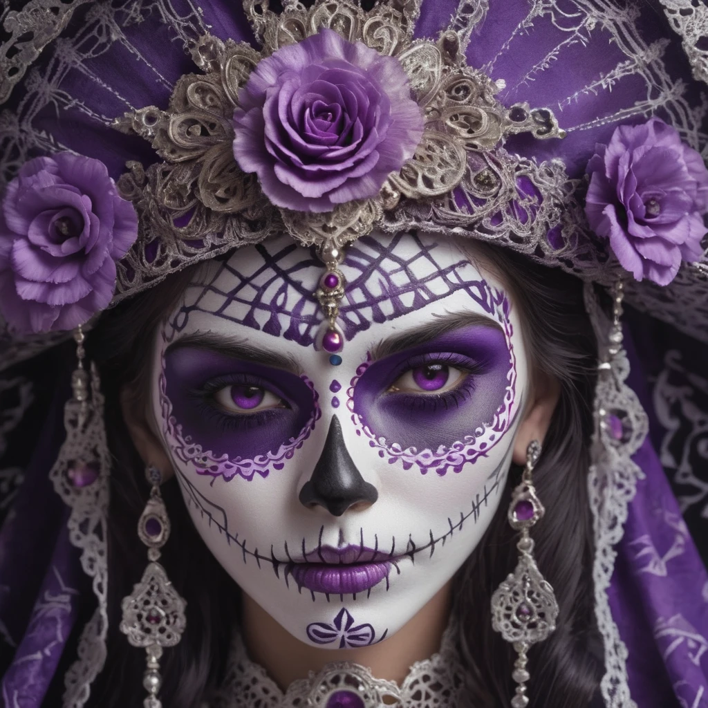 Close Up Face Image of beautiful women as a LaCatrina, Highly Detailed, Purple Details, Portrait, Extreme Detailed, Traditional La Catrina