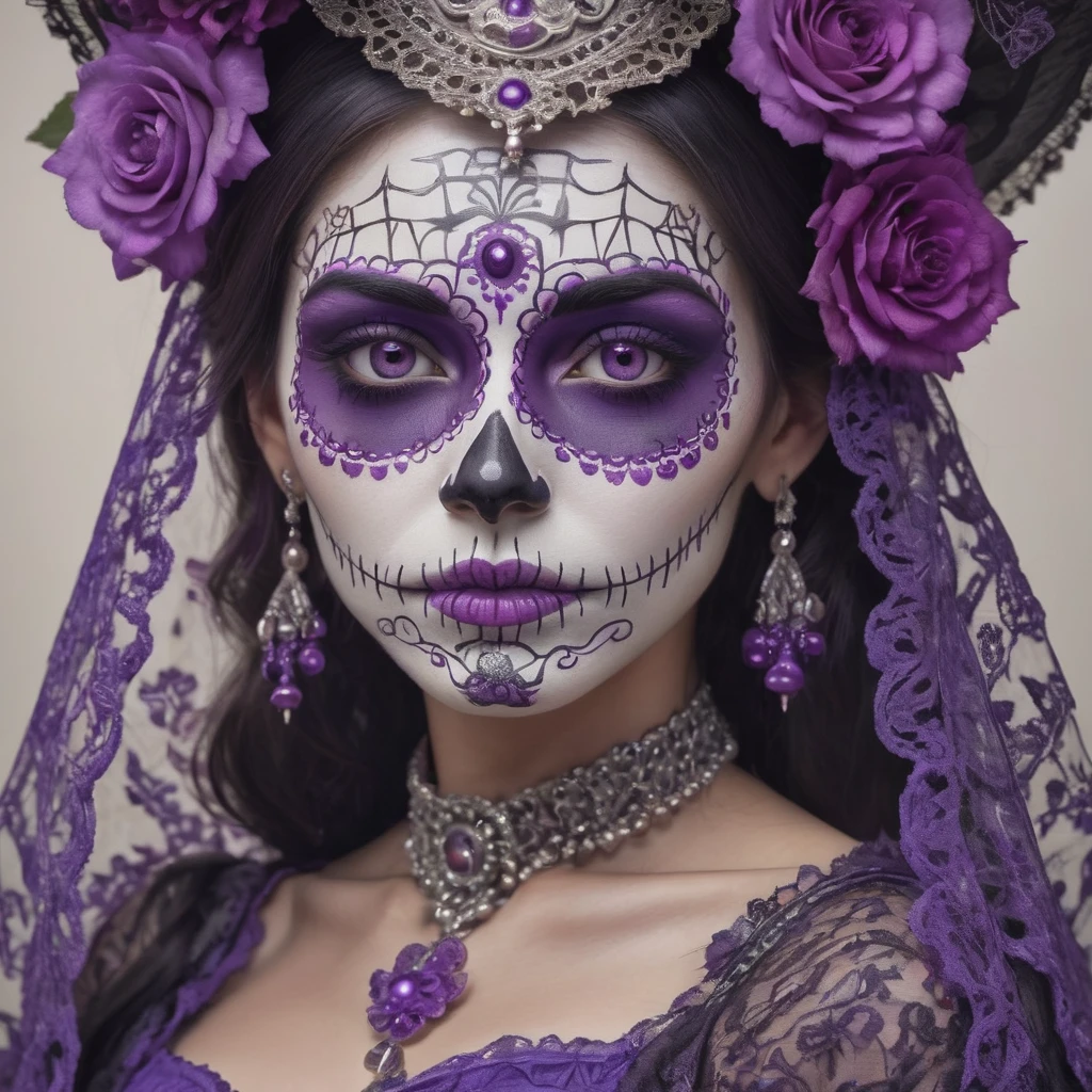 Close Up Face Image of beautiful women as a LaCatrina, Highly Detailed, Purple Details, Portrait, Extreme Detailed, Traditional La Catrina
