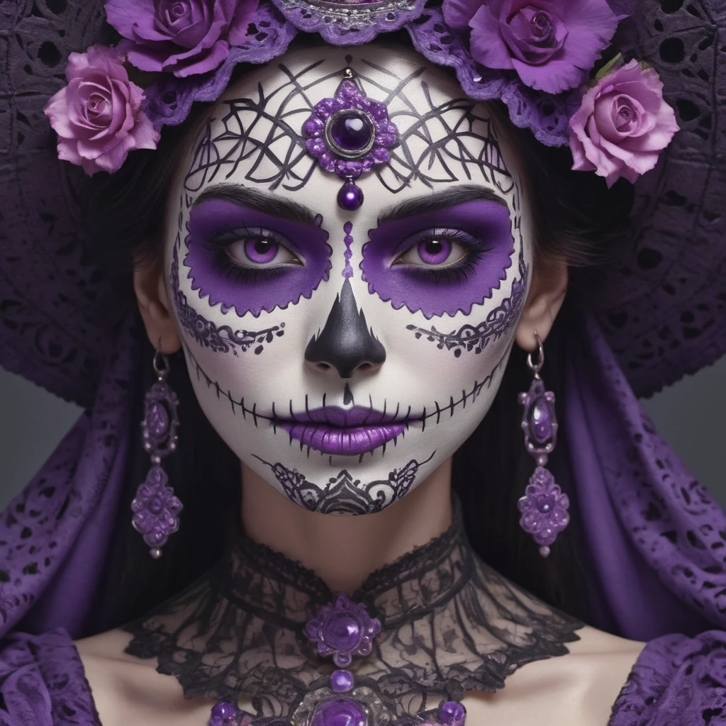 Close Up Face Image of beautiful women as a LaCatrina, Highly Detailed, Purple Details, Portrait, Extreme Detailed, Traditional La Catrina