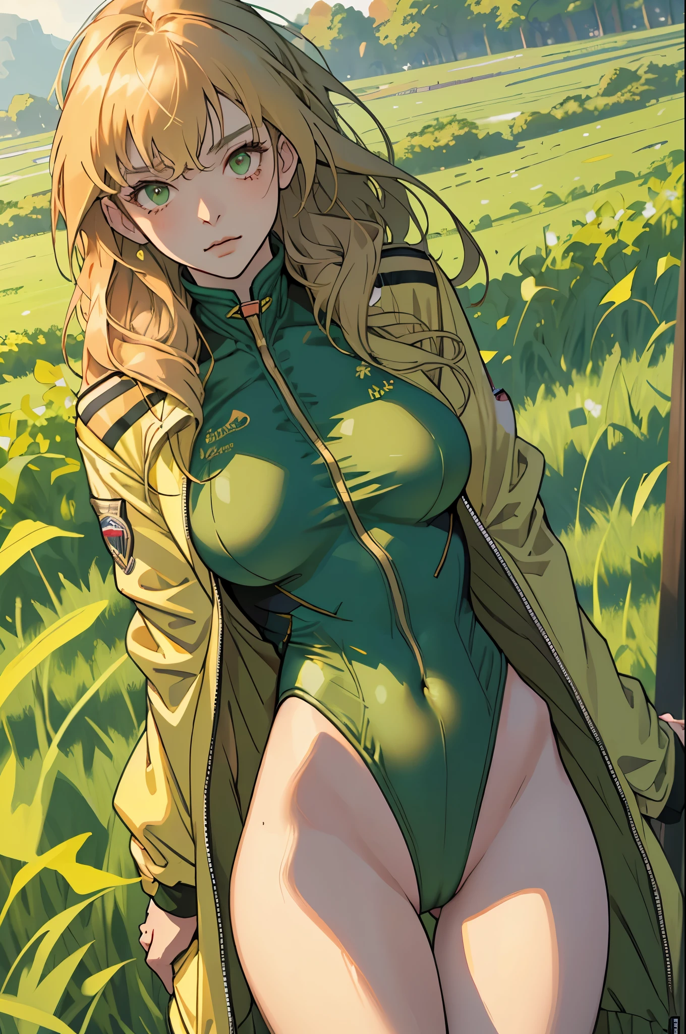 masterpiece, highest quality, High resolution, 1 girl, ticker, long hair, big breasts, race_Queen,green leotard, Jacket, embarrassing,closed mouth, field