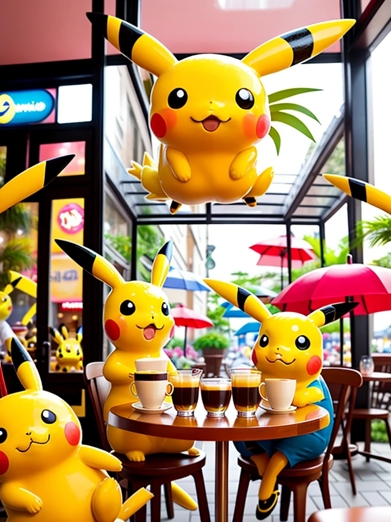 Pikachu cafe,hyperrealistic,highest resolution(8k,ultra HD),detailed Pikachu,realistic environment,three-dimensional rendering,bright colors,vibrant atmosphere,adorable Pikachu baristas,elegant cafe furnishings,playful coffee-themed decorations,cozy lighting,amazing espresso machine,delicious pastries and desserts,perfect latte art,unique coffee blends,friendly customers enjoying their drinks and conversations,evoking a sense of joy and nostalgia,mix of modern and vintage elements,inviting outdoor seating area with colorful umbrellas and lush plants,bustling and lively ambiance,memorable Pikachu-themed merchandise,beautifully crafted mugs and t-shirts,aesthetic presentation of food and beverages,floral arrangements adding a touch of elegance,artistic wall murals depicting Pikachu adventures,stylish and comfortable seating for relaxation,cosy and intimate atmosphere,enticing aroma of freshly brewed coffee,happy and friendly interactions between customers and staff,energetic and cheerful music playing in the background,endless opportunities for memorable photos and fun experiences.