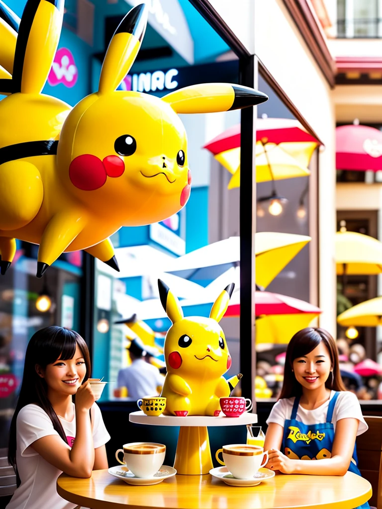 Pikachu cafe,hyperrealistic,highest resolution(8k,ultra HD),detailed Pikachu,realistic environment,three-dimensional rendering,bright colors,vibrant atmosphere,adorable Pikachu baristas,elegant cafe furnishings,playful coffee-themed decorations,cozy lighting,amazing espresso machine,delicious pastries and desserts,perfect latte art,unique coffee blends,friendly customers enjoying their drinks and conversations,evoking a sense of joy and nostalgia,mix of modern and vintage elements,inviting outdoor seating area with colorful umbrellas and lush plants,bustling and lively ambiance,memorable Pikachu-themed merchandise,beautifully crafted mugs and t-shirts,aesthetic presentation of food and beverages,floral arrangements adding a touch of elegance,artistic wall murals depicting Pikachu adventures,stylish and comfortable seating for relaxation,cosy and intimate atmosphere,enticing aroma of freshly brewed coffee,happy and friendly interactions between customers and staff,energetic and cheerful music playing in the background,endless opportunities for memorable photos and fun experiences.