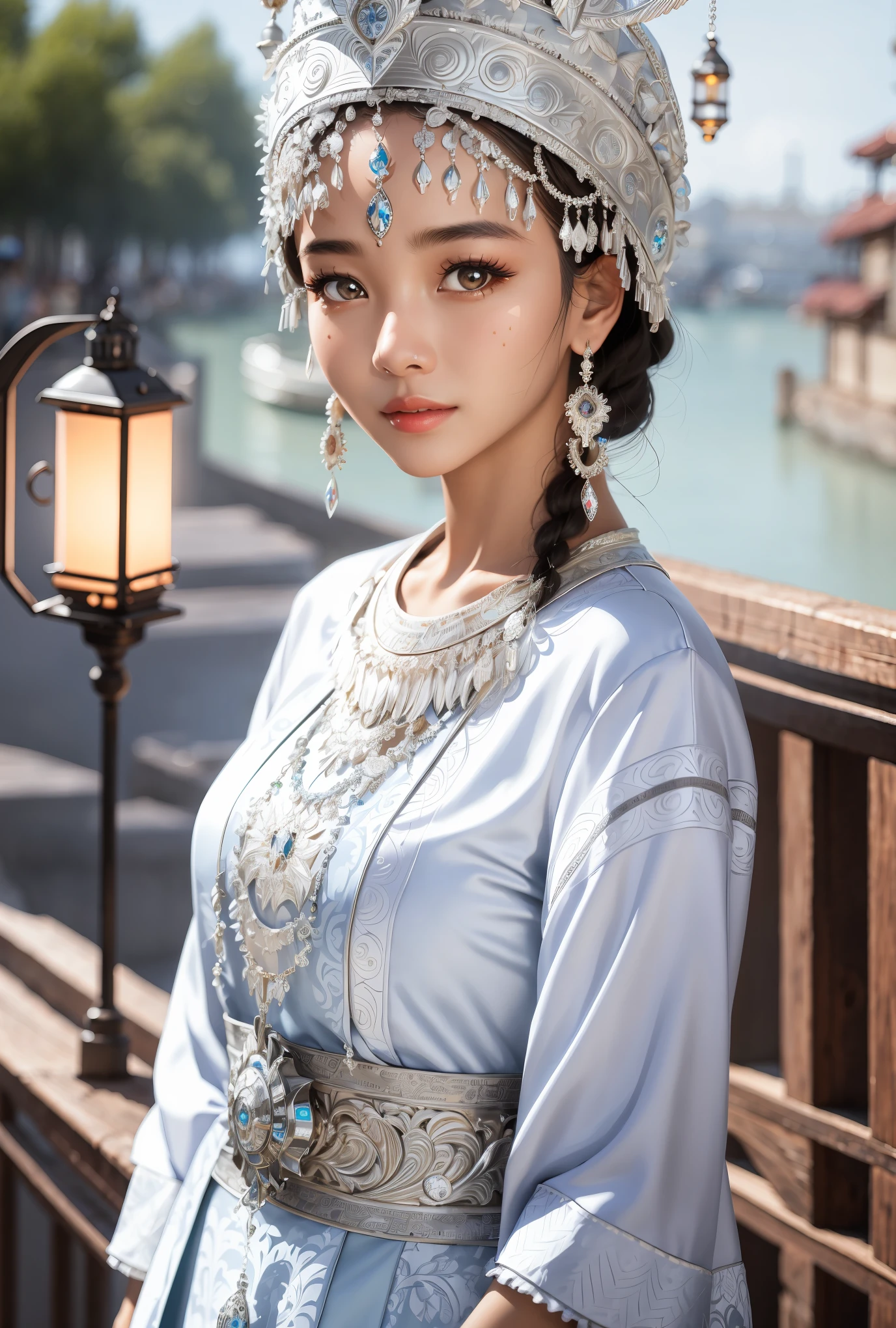beautiful girl,exquisite facial features,Skin details,Bright Eyes,unique,minority,silver,Ornate headdress,portable lantern