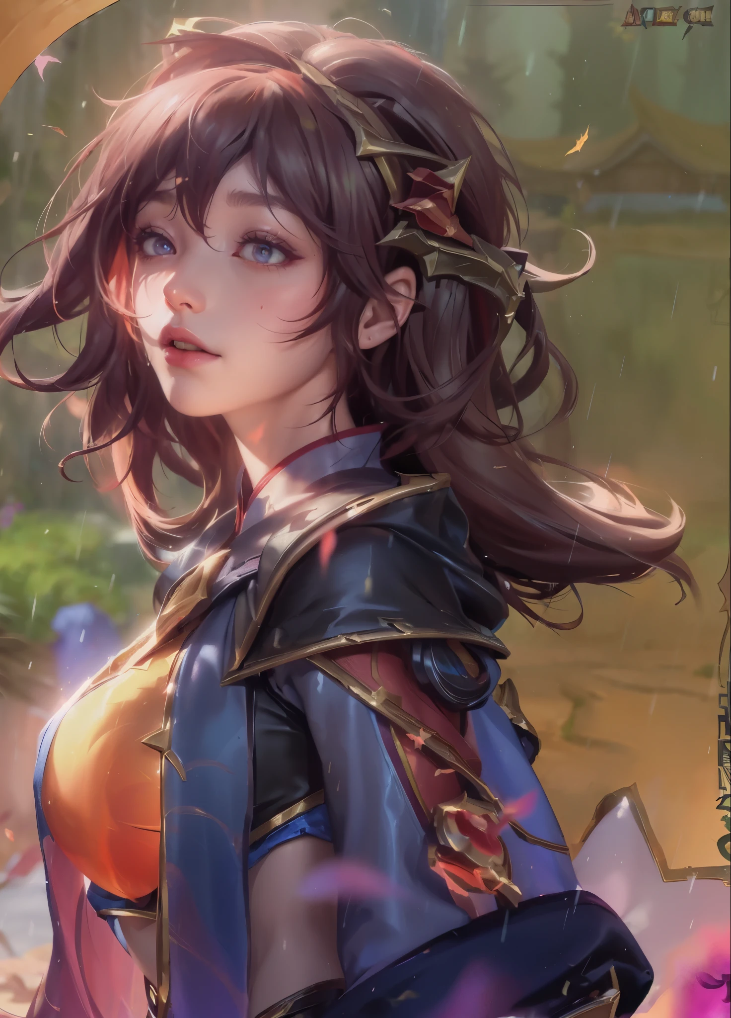 (League of Legends:1.5), (Detailed comic illustrations:1.2),(masterpiece:1.25),(best quality), (Super detailed:1.25),(idyllic),Chinese classical style, (rain:1.2),raindrop, (maple grove:1.3),dense leaves, rockery landscape, spring, [ink painting], (sorrow, bitterness), (splash of color:1.15),(watercolor:1.2),(depth of field:1.25),(alone:1.5) ,[Oni region], backlight, [look to the side], (1 beautiful girl:1.25) and (Chinese Hanfu: deep red+Black),(Chinese antiquities) and华丽的,(Headbands),(fox ears),(Delicate and beautiful red eyes:1.15), (pretty face:1.15), (Black long hair, gradual deep red colored tips), (fox tail),(maple leaf, fallen leaves),Soak your feet, Poker face, sitting under the maple tree,Realistic quadratic