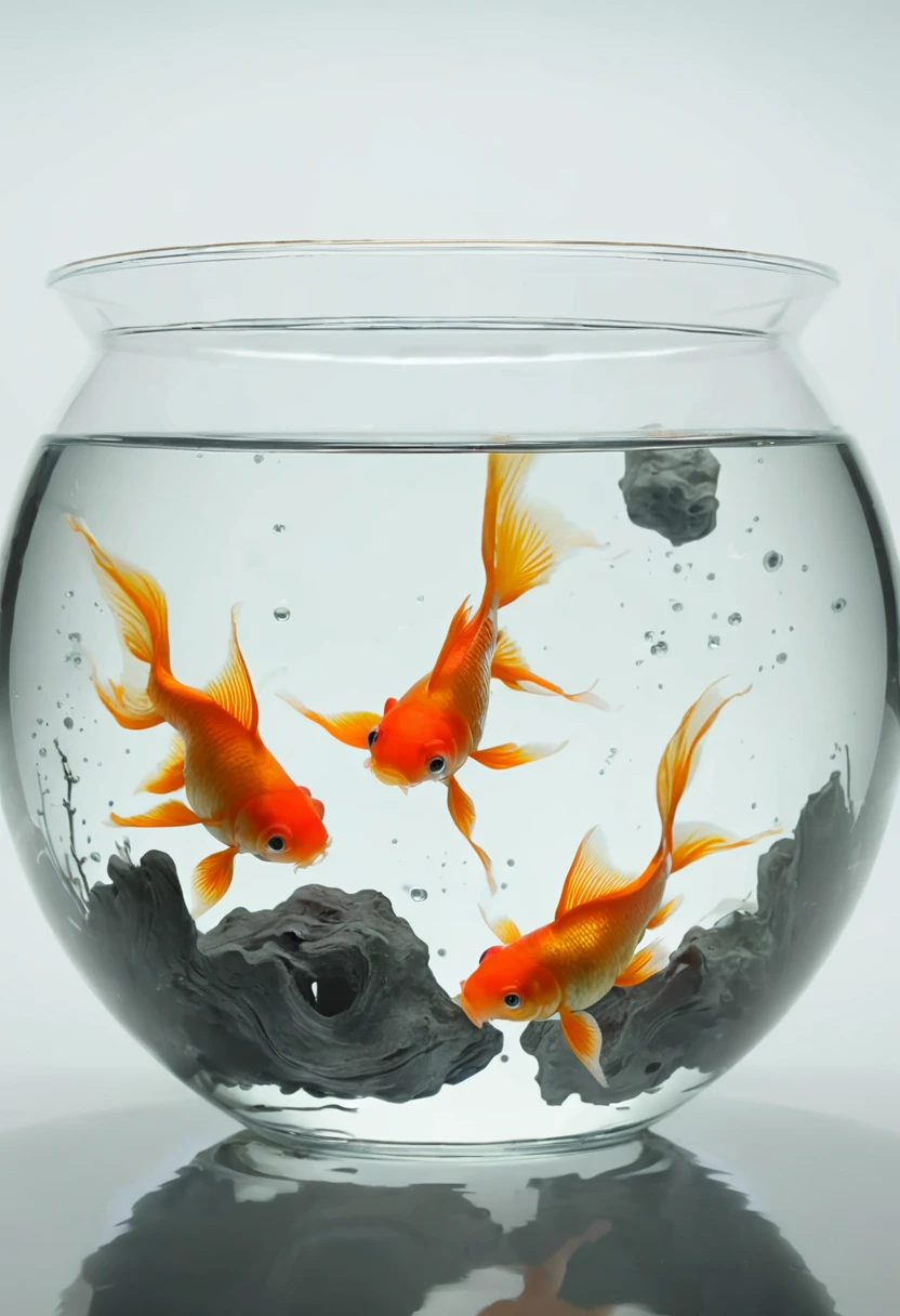 Goldfish in glass fishbowl, Wu Guanzhong, ink and wash, (best quality,4k,8k,highres,masterpiece:1.2), ultra-detailed, realistic:1.37, vibrant colors, studio lighting, transparent glass, water ripples, delicate brushwork