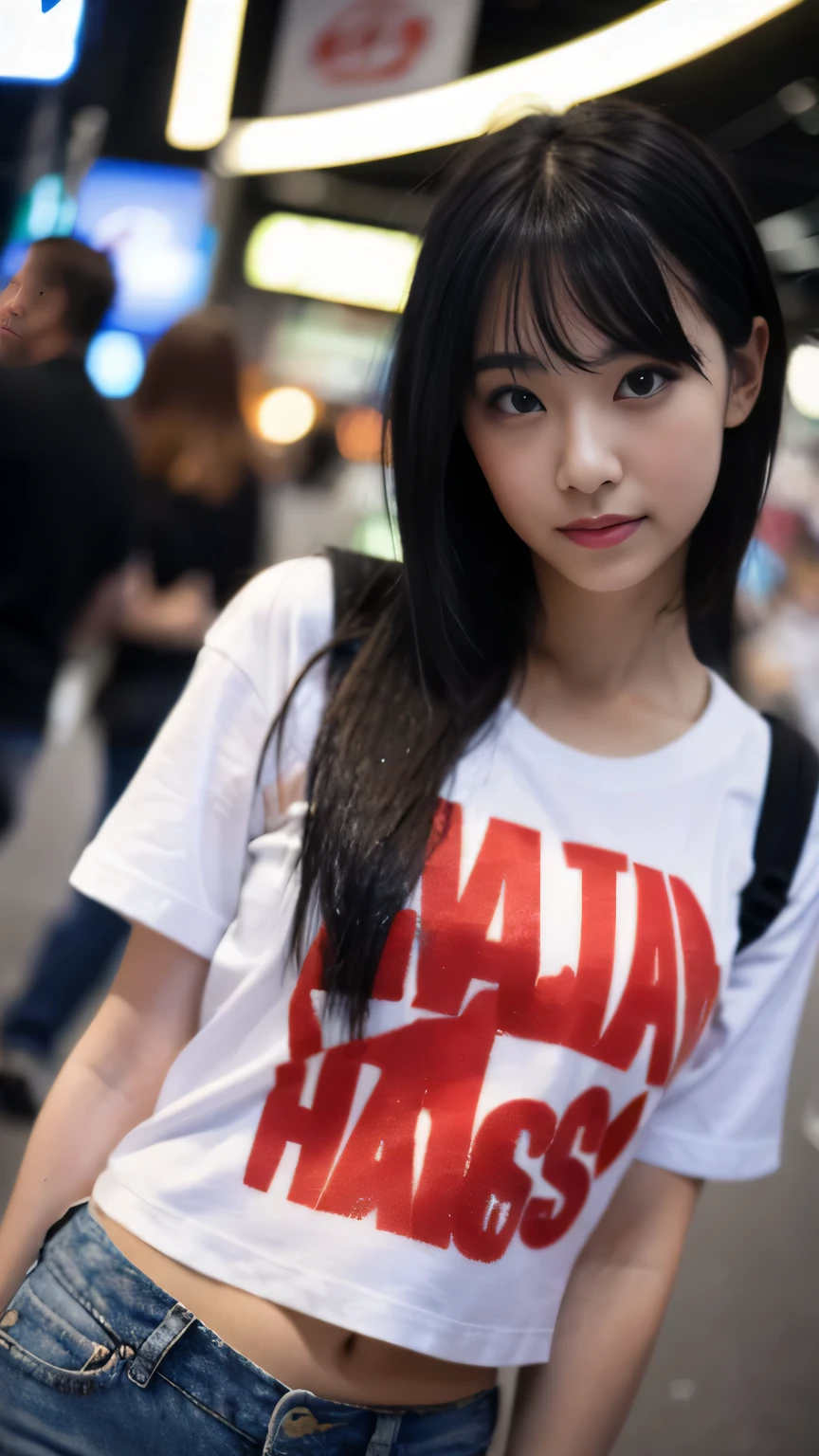 (32k, Raw photo, highest quality, masterpiece:1.2), (realistic, photo-realistic:1.4), (Highly detailed 8K wallpaper),sharp focus, Depth of the bounds written,blur background, Bokeh,professional lighting, cinematic lighting,full body,thin,japanese girl,20 year old girl,contrasting,Underground street,bob cut,wet hair,black hair,T-shirt,Happy like a goddess in shorts