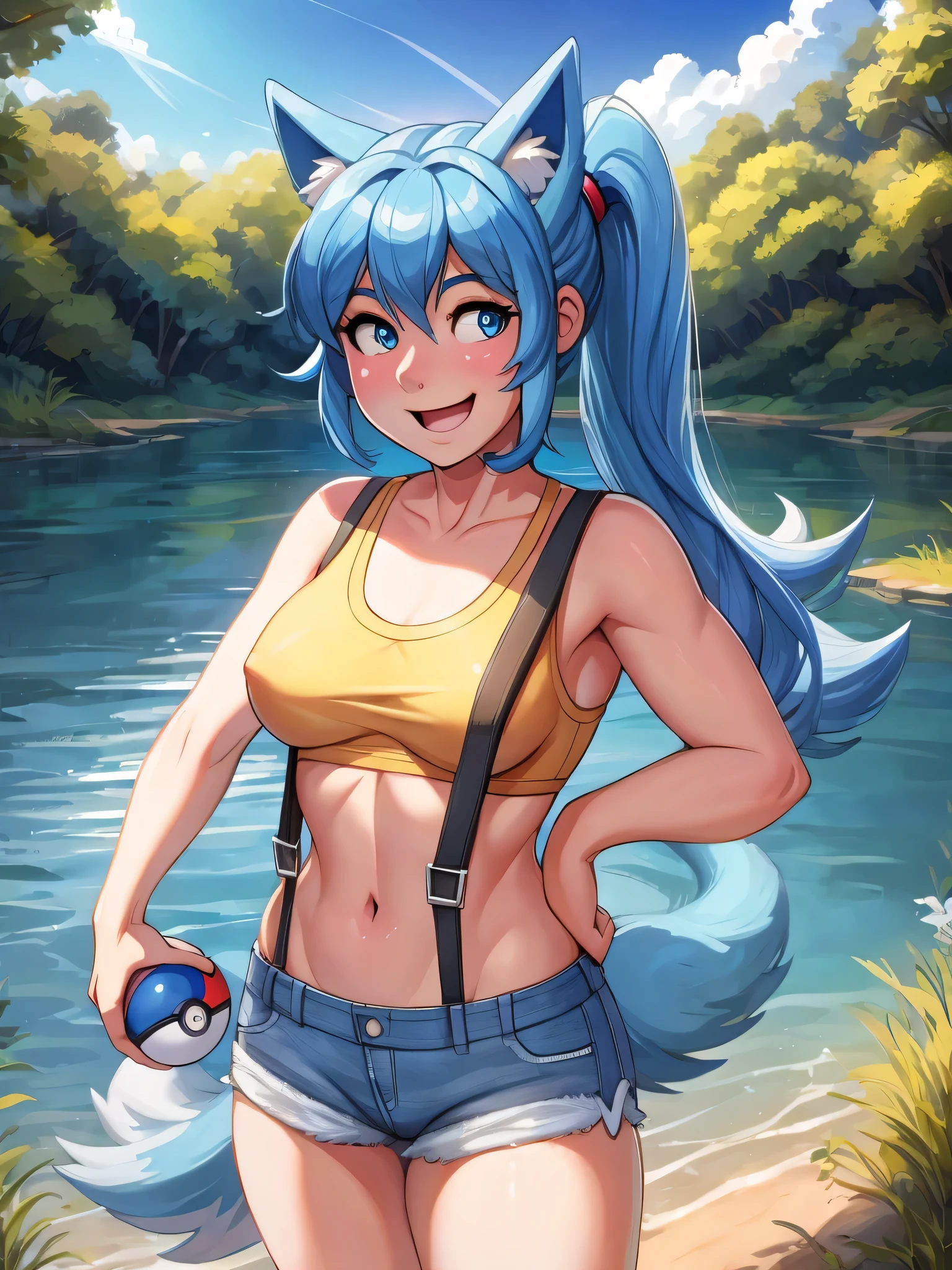 (Masterpiece) (High Detail) (High Res) A close up of A Short Humanoid Girl with pale human skin and blue eyes and long blue hair up in a ponytail and blue dog ears and a fluffy blue dog tail and average breasts. She is dressed as Misty from Pokemon. She has short denim shorts and a cropped yellow t-shirt and suspenders on and is holding a pokeball. She is stood by a lake. She is happy.