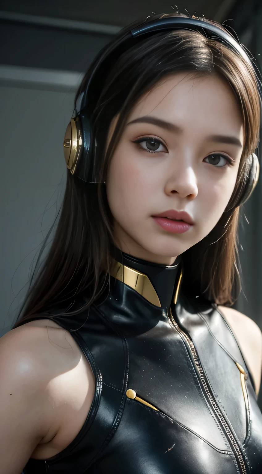 (highest quality, High resolution, realistic),Girl in a golden suit with headphones and a microphone, cute cyborg girl, an image of a beautiful cyborg, Close-up of humanoid robot, Girl wearing mechanical cyborg armor, beautiful girl cyborg, girl wearing a robot suit, perfect and realistic cyborg woman, Beautiful female android, young female cyborg, beautiful cyborg girl, biomechanics