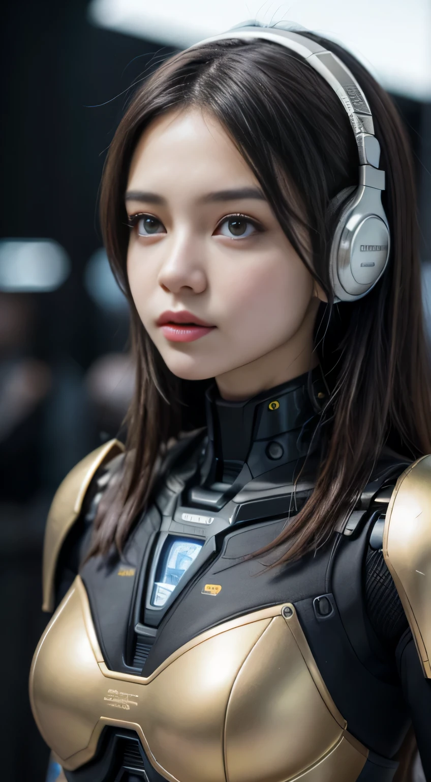 (highest quality, High resolution, realistic),Girl in a golden suit with headphones and a microphone, cute cyborg girl, an image of a beautiful cyborg, Close-up of humanoid robot, Girl wearing mechanical cyborg armor, beautiful girl cyborg, girl wearing a robot suit, perfect and realistic cyborg woman, Beautiful female android, young female cyborg, beautiful cyborg girl, biomechanics