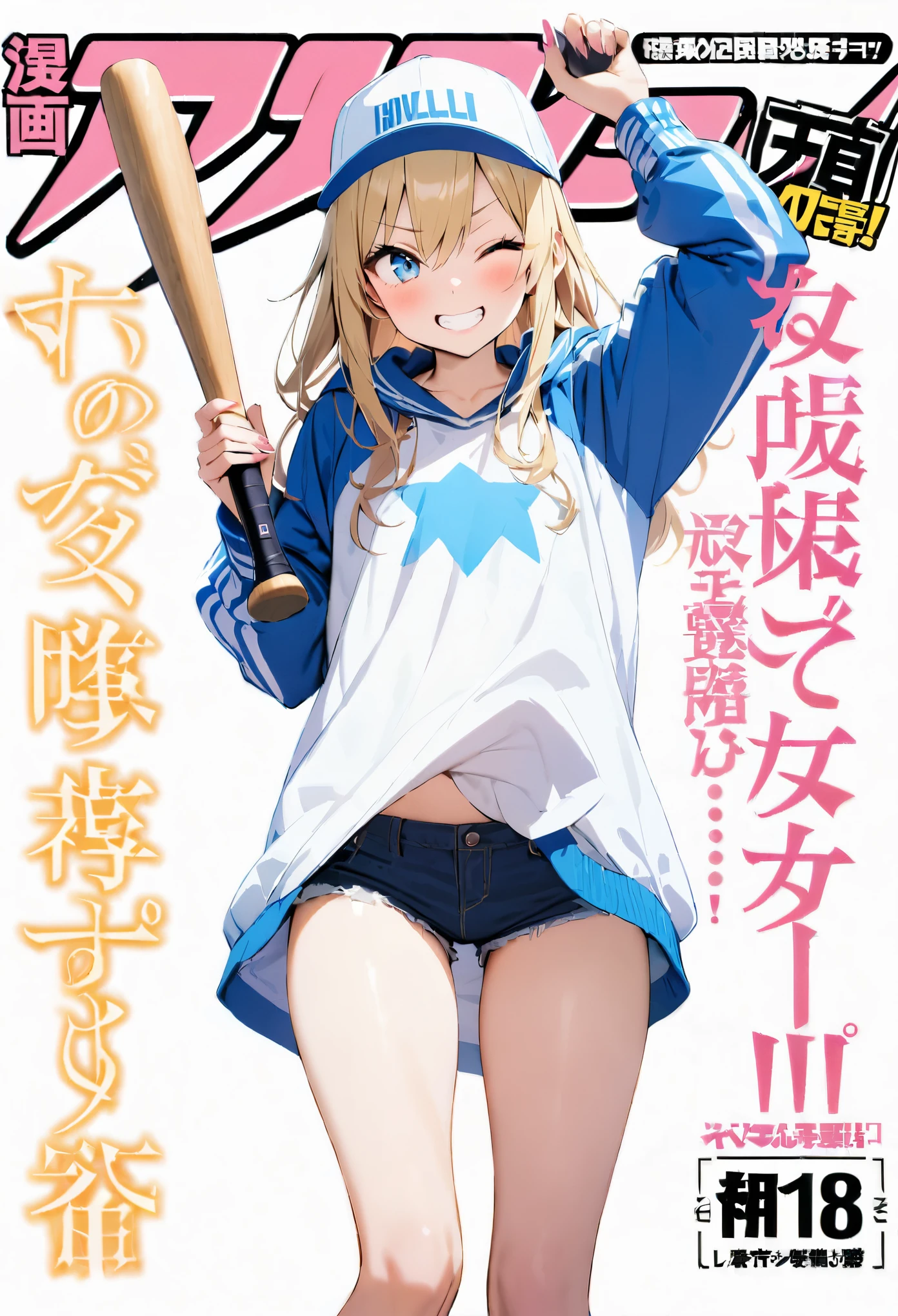 (magazine cover:1.4),1girl,solo,extremely detailed CG unity 8k wallpaper,illustration,lens 135mm,masterpiece, best quality, 1girl, cheeky face,aquagradient eyes,(white background:1.5),simple background,full body,(selfiemirror:1.2),arms up,Baseball cap,blonde_hair,Long hair,grin,One eye closed,letterman jacket,blue eyes,short shorts,flat_chest,(baggy clothes), ((holding, baseball bat: 1.3)),masterpiece, best quality,, masterpiece, best quality,