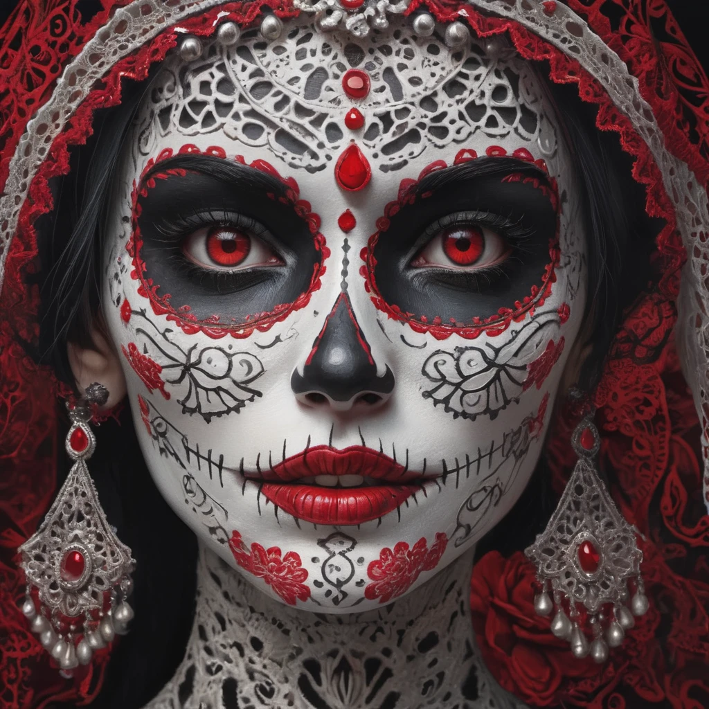 masterpiece, High Quality, Close Up Face Image of beautiful women as a LaCatrina, Highly Detailed,red Details, Portrait, Extreme Detailed, Traditional La Catrina