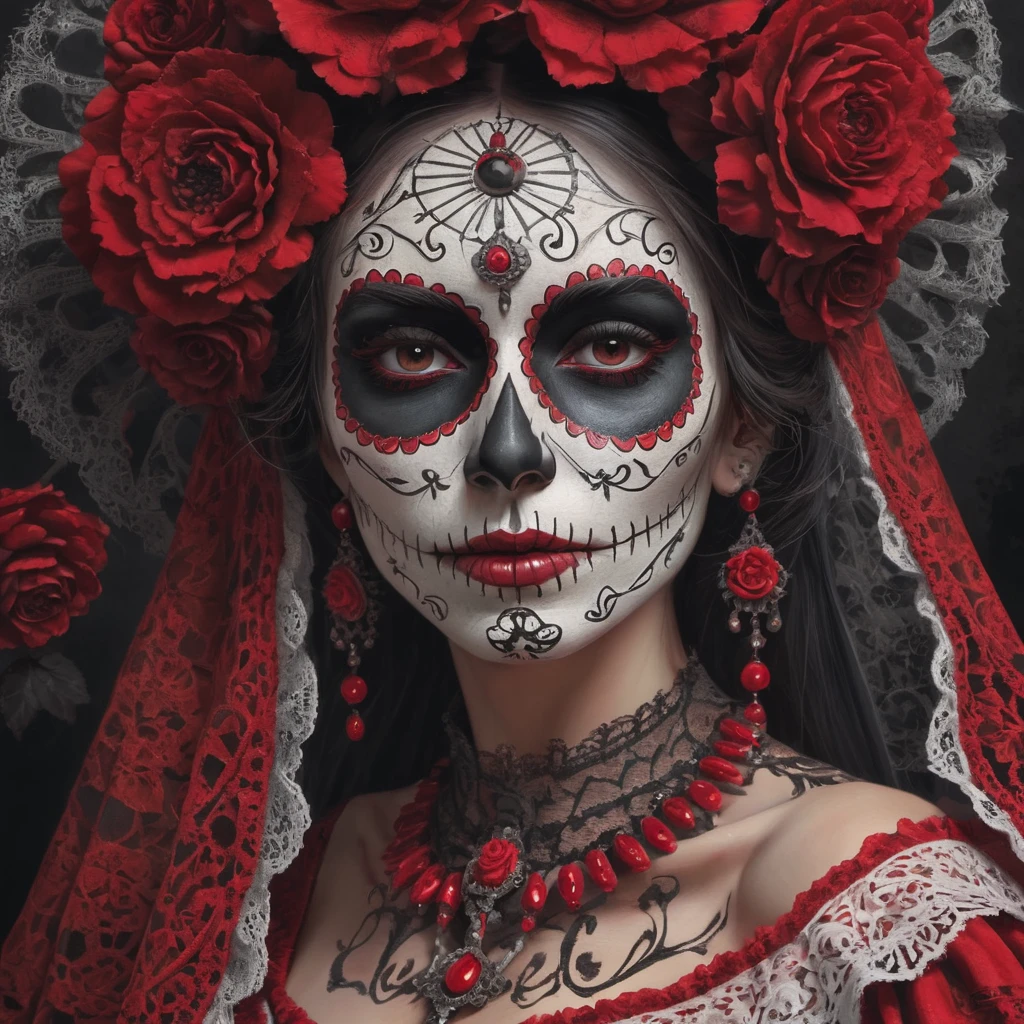 masterpiece, High Quality, Close Up Face Image of beautiful women as a LaCatrina, Highly Detailed,red Details, Portrait, Extreme Detailed, Traditional La Catrina