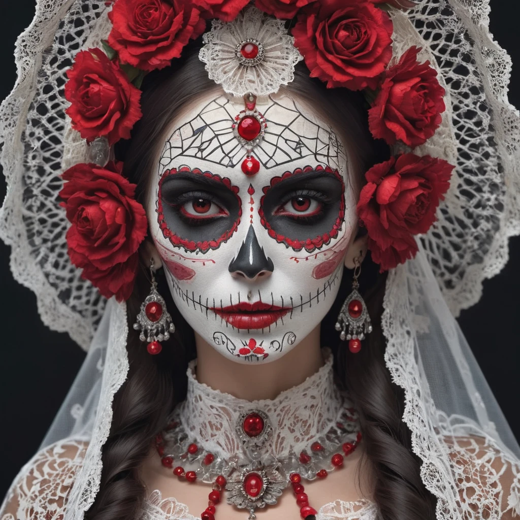 masterpiece, High Quality, Close Up Face Image of beautiful women as a LaCatrina, Highly Detailed,red Details, Portrait, Extreme Detailed, Traditional La Catrina