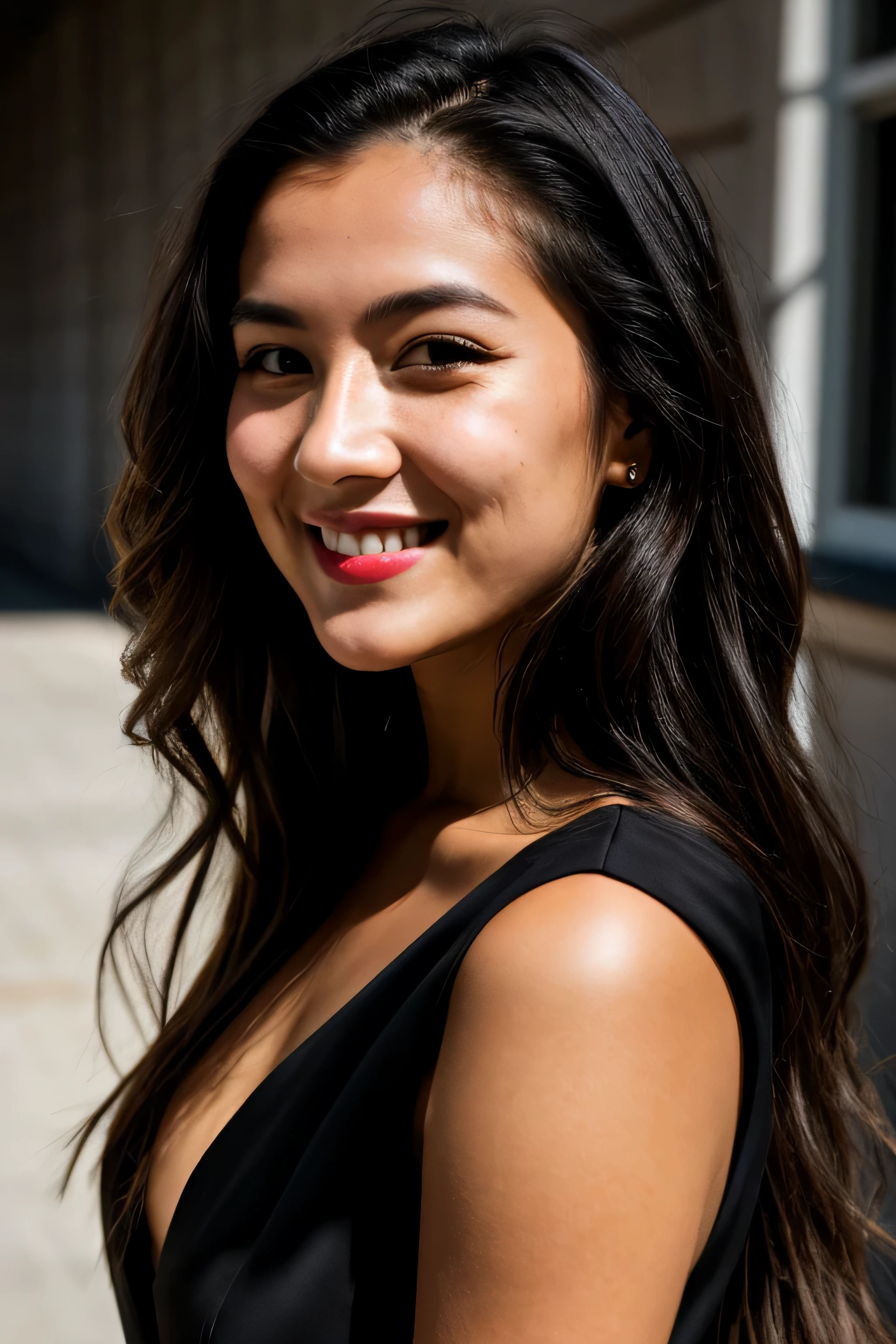 RAW photo, face portrait photo of beautiful 26 y.o woman, cute face, wearing black dress, happy face, hard shadows, cinematic shot, dramatic lighting