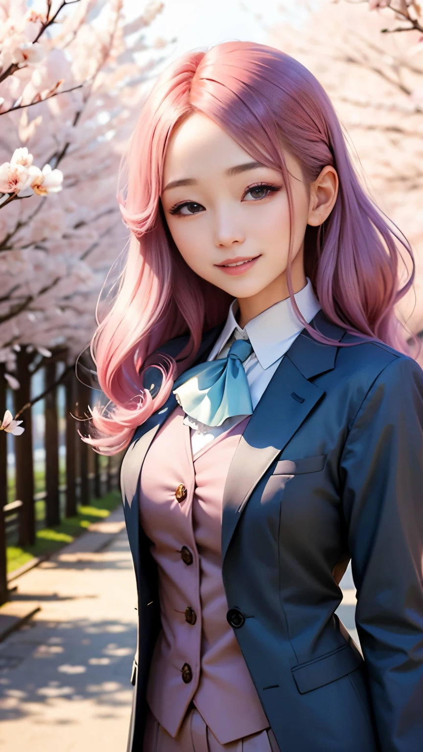 woman, formal suits in soft colors, soft colored hair、cherry blossoms吹雪、forest、cherry blossoms、smile、realistic
