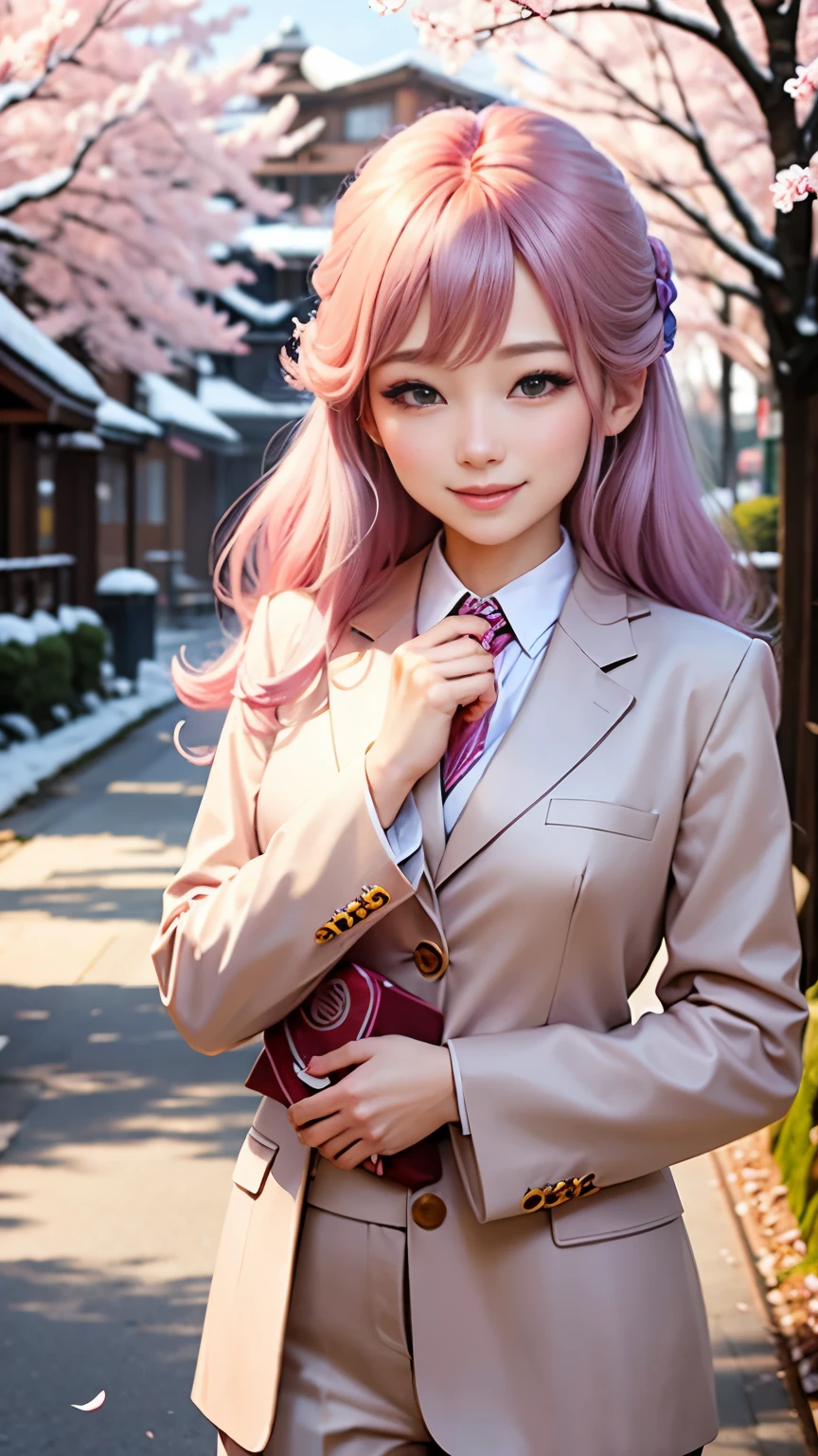 woman, formal suits in soft colors, soft colored hair、cherry blossoms吹雪、forest、cherry blossoms、smile、realistic