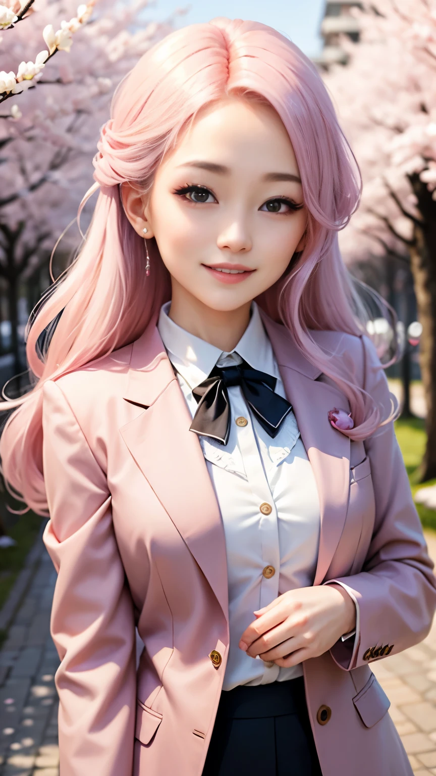 woman, formal suits in soft colors, soft colored hair、cherry blossoms吹雪、forest、cherry blossoms、smile、realistic