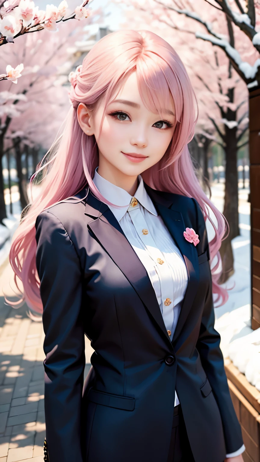 woman, formal suits in soft colors, soft colored hair、cherry blossoms吹雪、forest、cherry blossoms、smile、realistic